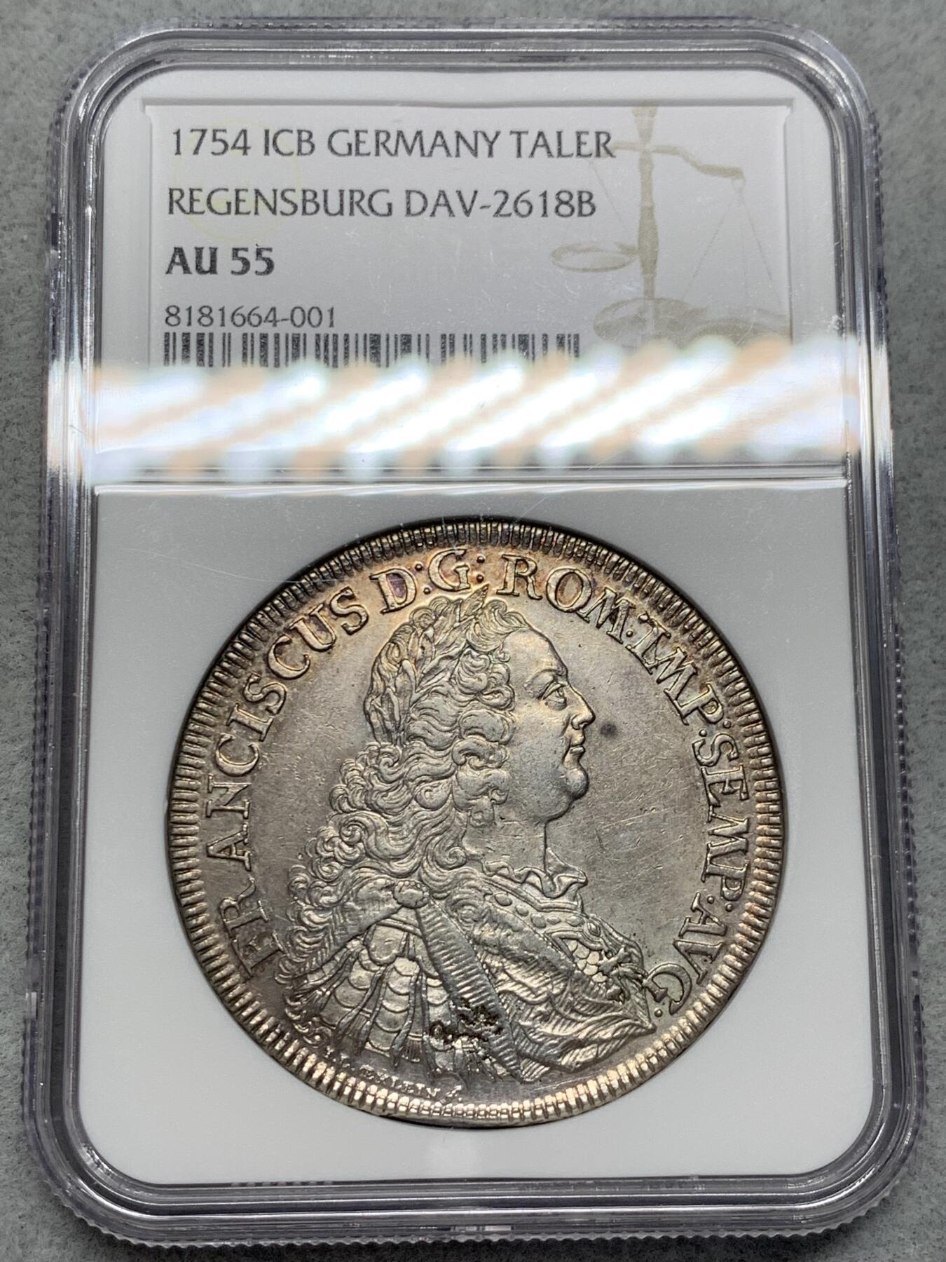 《竞宝斋》第318场 周日，周一 2场连拍 （全场包邮） NGC AU55 德国1754年雷根斯堡景观大泰勒银币，非常漂亮的景观币，高点具在感觉低评，有加分潜力