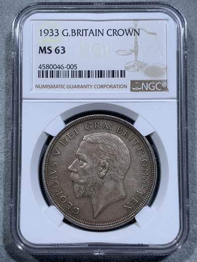 《竞宝斋》第318场 周日，周一 2场连拍 （全场包邮） - NGC MS63 英国1933年乔治五世花冠克朗银币 浅灰色包浆