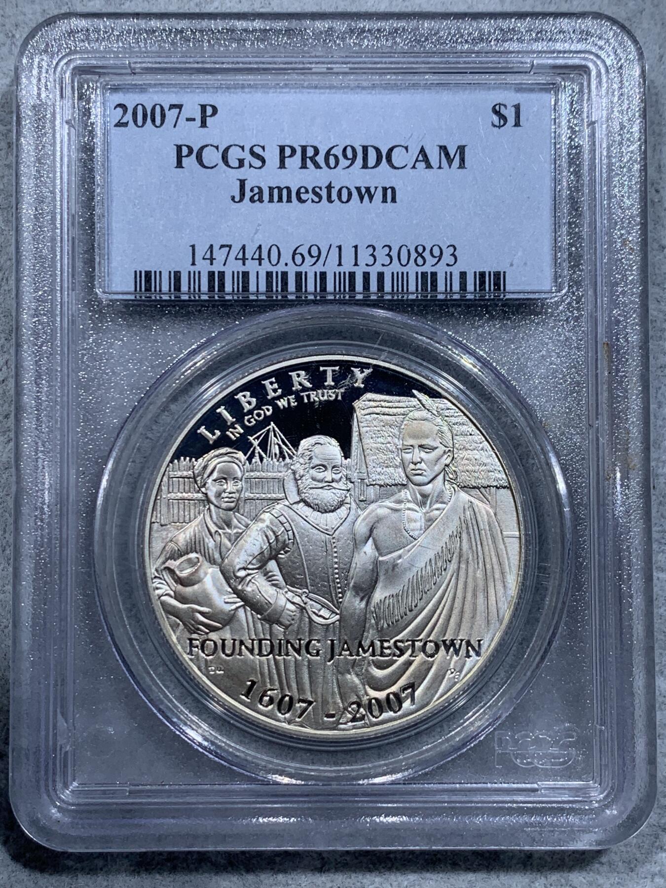 《竞宝斋》第318场 周日，周一 2场连拍 （全场包邮） PCGS PR69DCAM 美国2007年P版詹姆士敦1美元大银币
