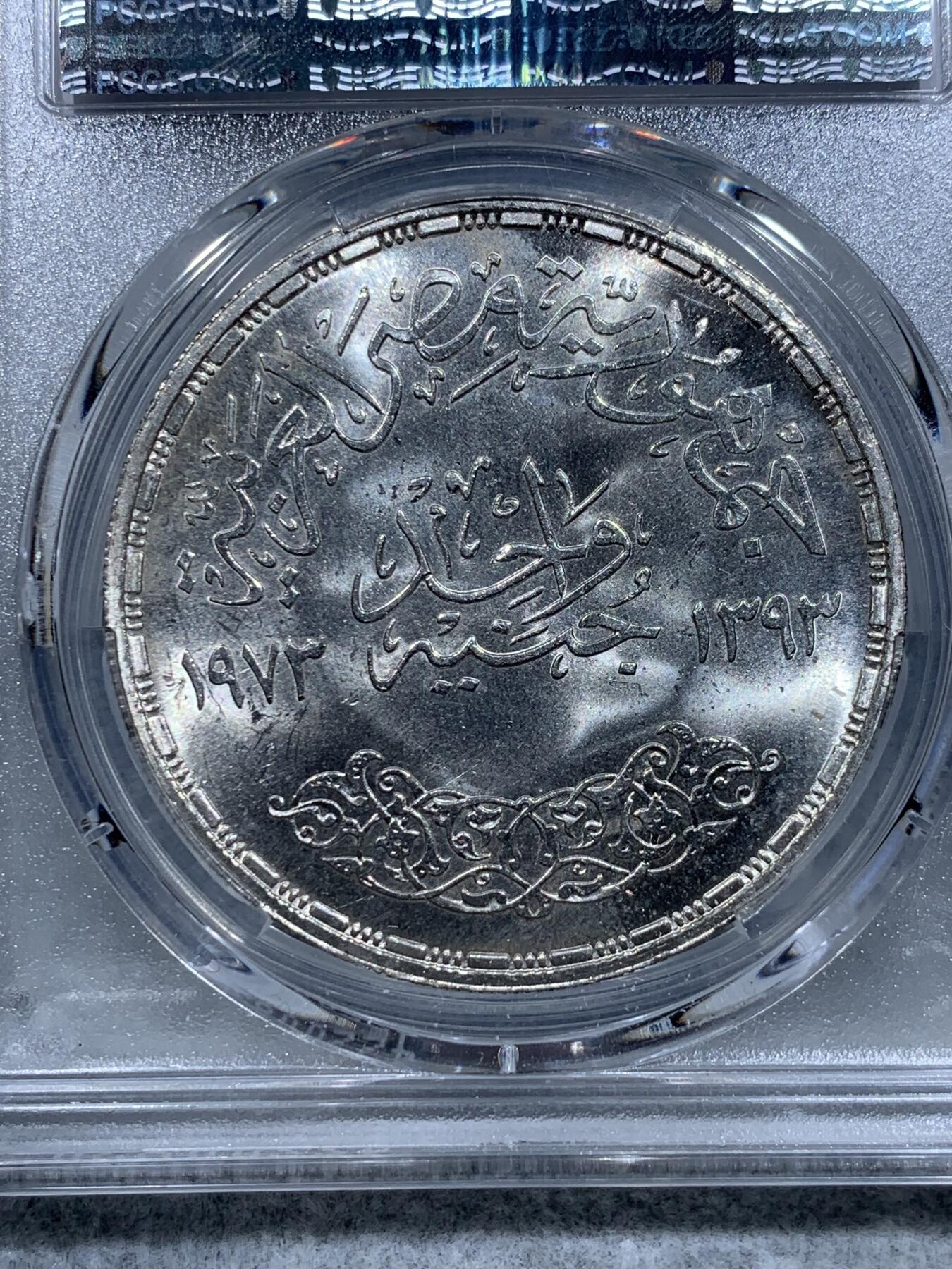 《竞宝斋》第318场 周日，周一 2场连拍 （全场包邮） PCGS MS66 埃及1973年阿斯旺大坝水电站1镑大银币，热门品种！