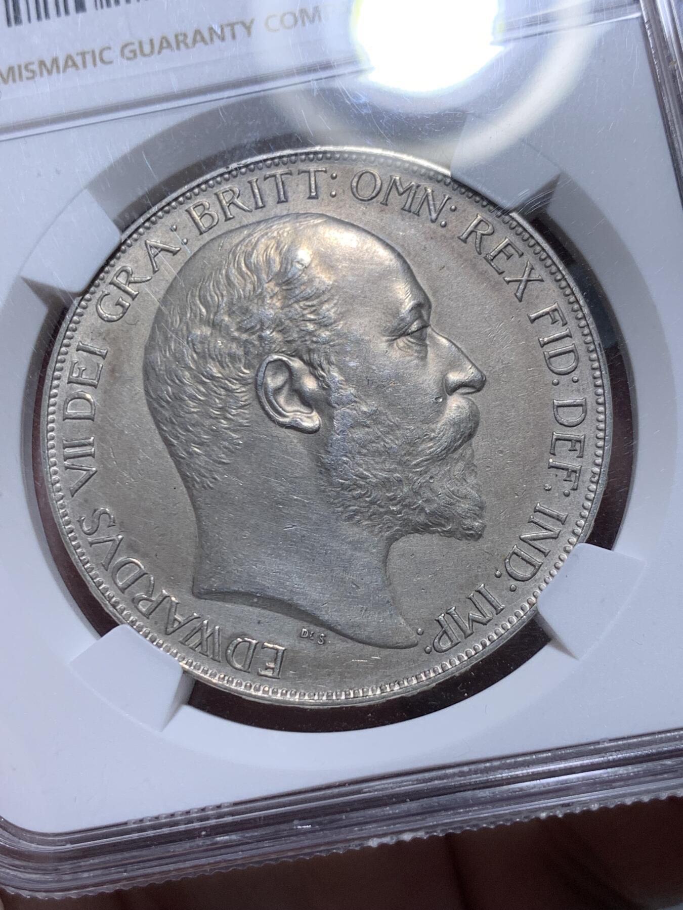 《竞宝斋》第318场 周日，周一 2场连拍 （全场包邮） NGC PF62MATTE 英国1902年爱德华七世精制一克朗马剑银币 经典的matte工艺 百年英伦包浆
