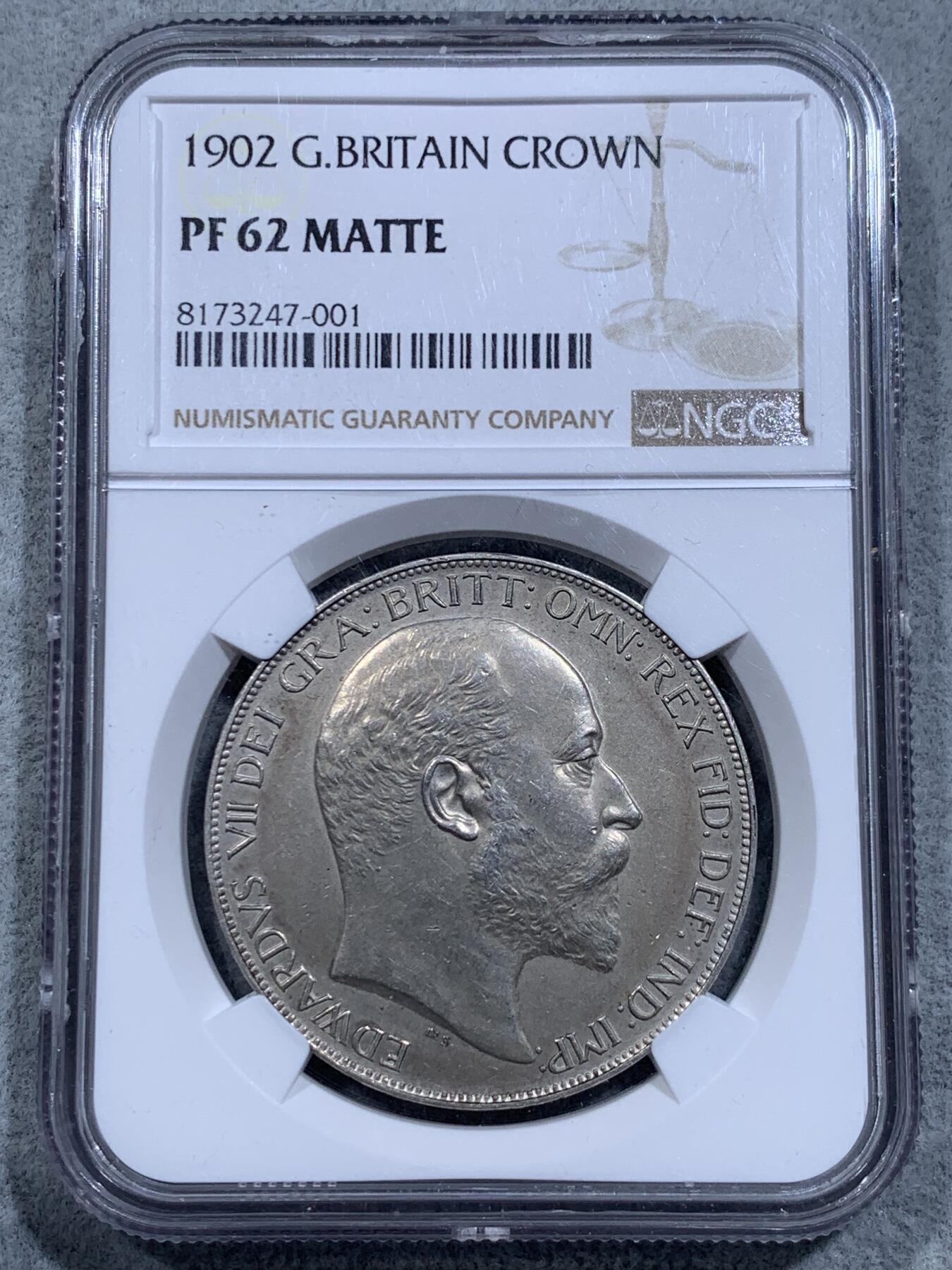 《竞宝斋》第318场 周日，周一 2场连拍 （全场包邮） NGC PF62MATTE 英国1902年爱德华七世精制一克朗马剑银币 经典的matte工艺 百年英伦包浆
