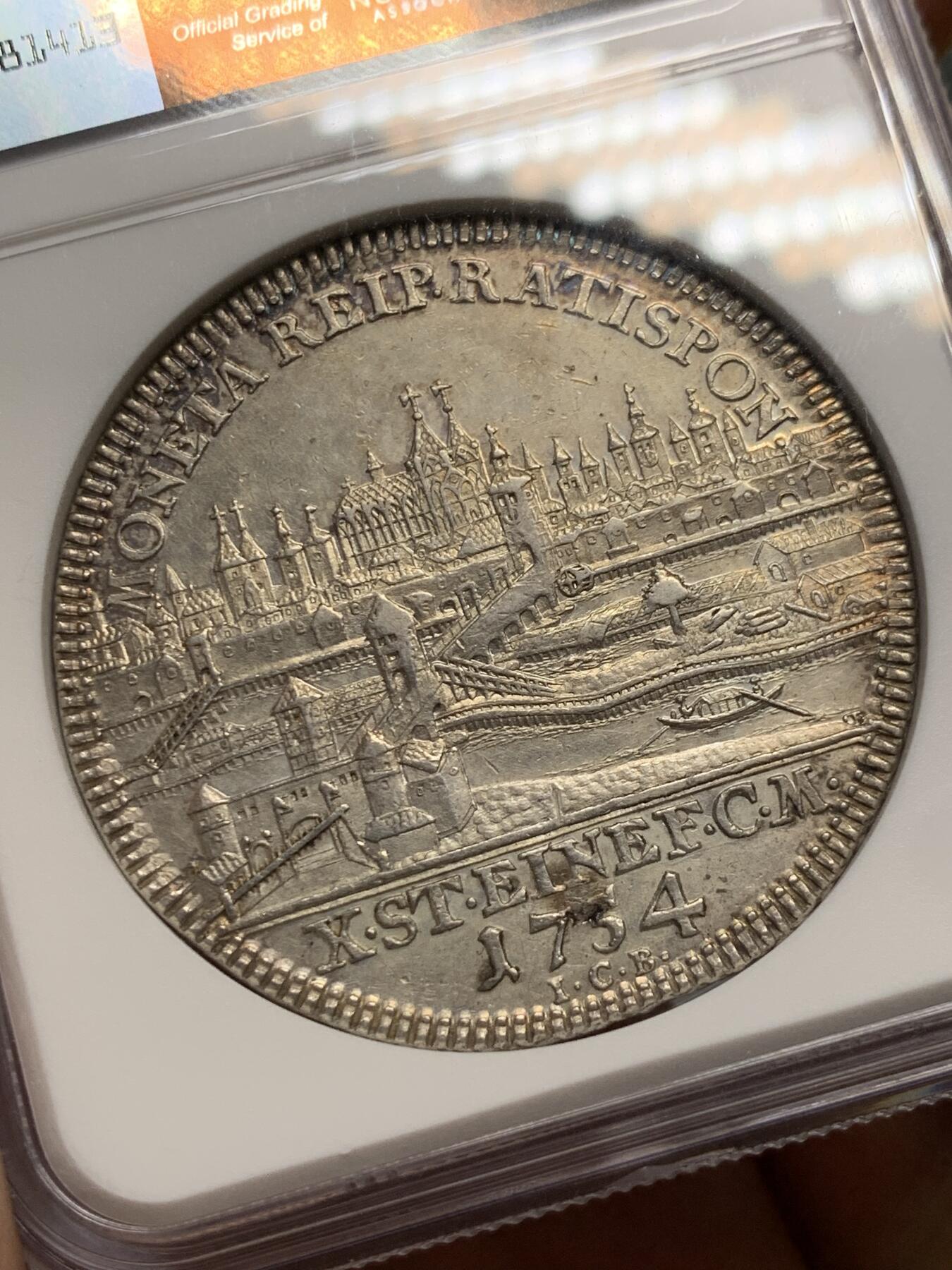 《竞宝斋》第318场 周日，周一 2场连拍 （全场包邮） NGC AU55 德国1754年雷根斯堡景观大泰勒银币，非常漂亮的景观币，高点具在感觉低评，有加分潜力
