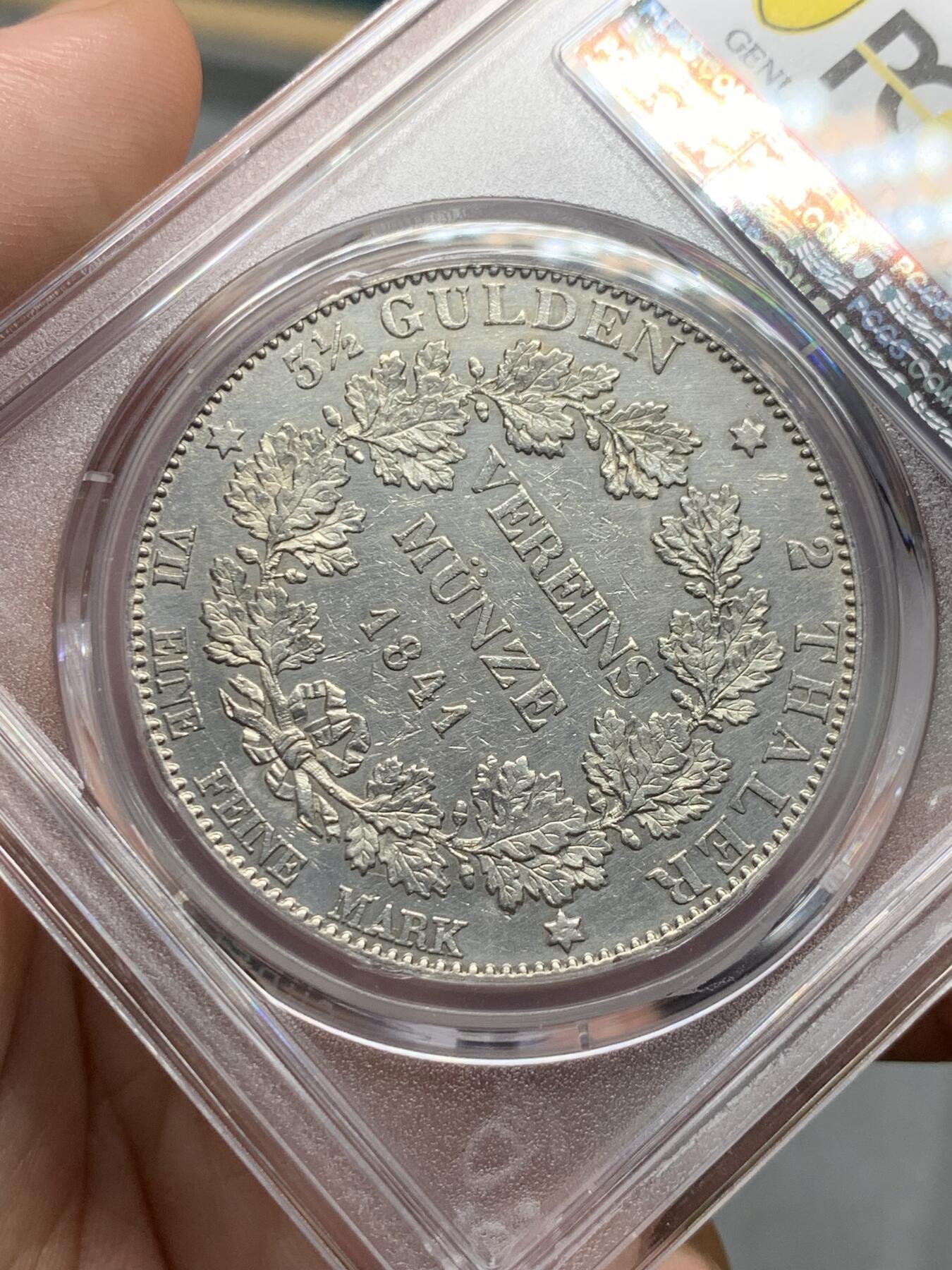 《竞宝斋》第318场 周日，周一 2场连拍 （全场包邮） PCGS AUD 德国1841年黑森达姆施塔特2泰勒大银币 细节不错 好品难得