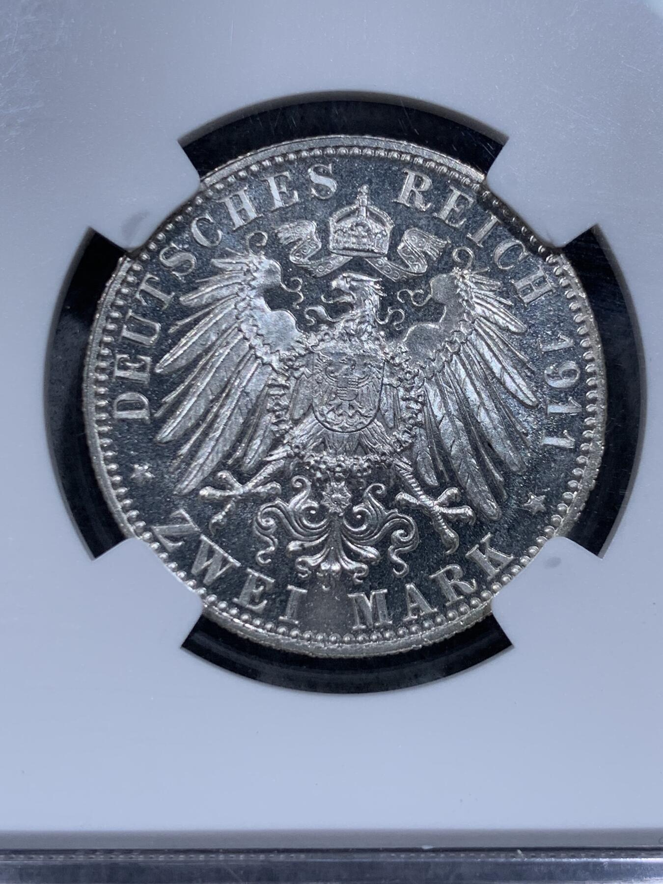 《竞宝斋》第318场 周日，周一 2场连拍 （全场包邮） NGC PF 德国1911年巴伐利亚2马克精制币 极美镜面感 能出分的状态 错杀 精制非常少