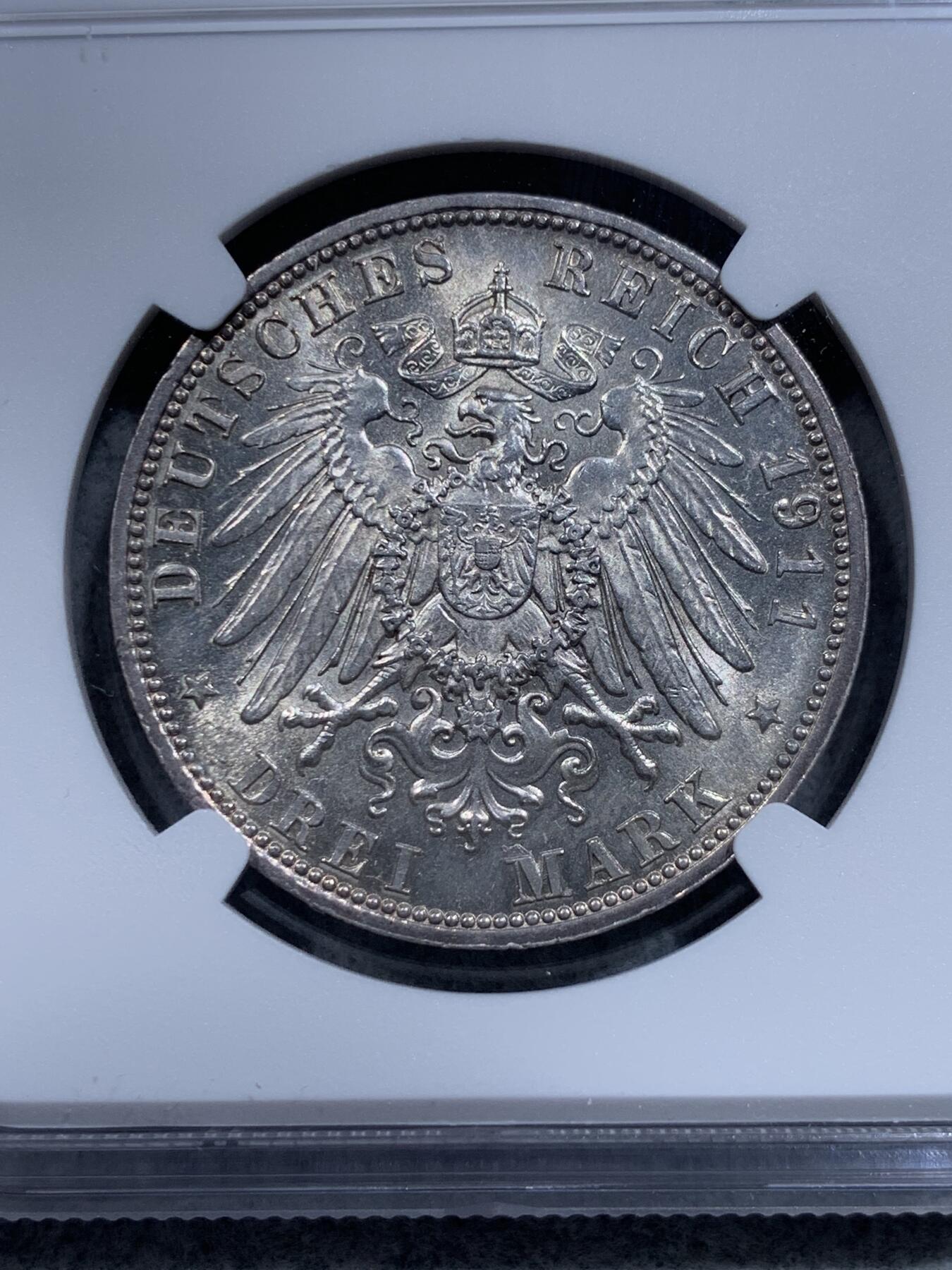 《竞宝斋》第318场 周日，周一 2场连拍 （全场包邮） NGC MS63 德国1911年巴伐利亚利奥波德3马克银币