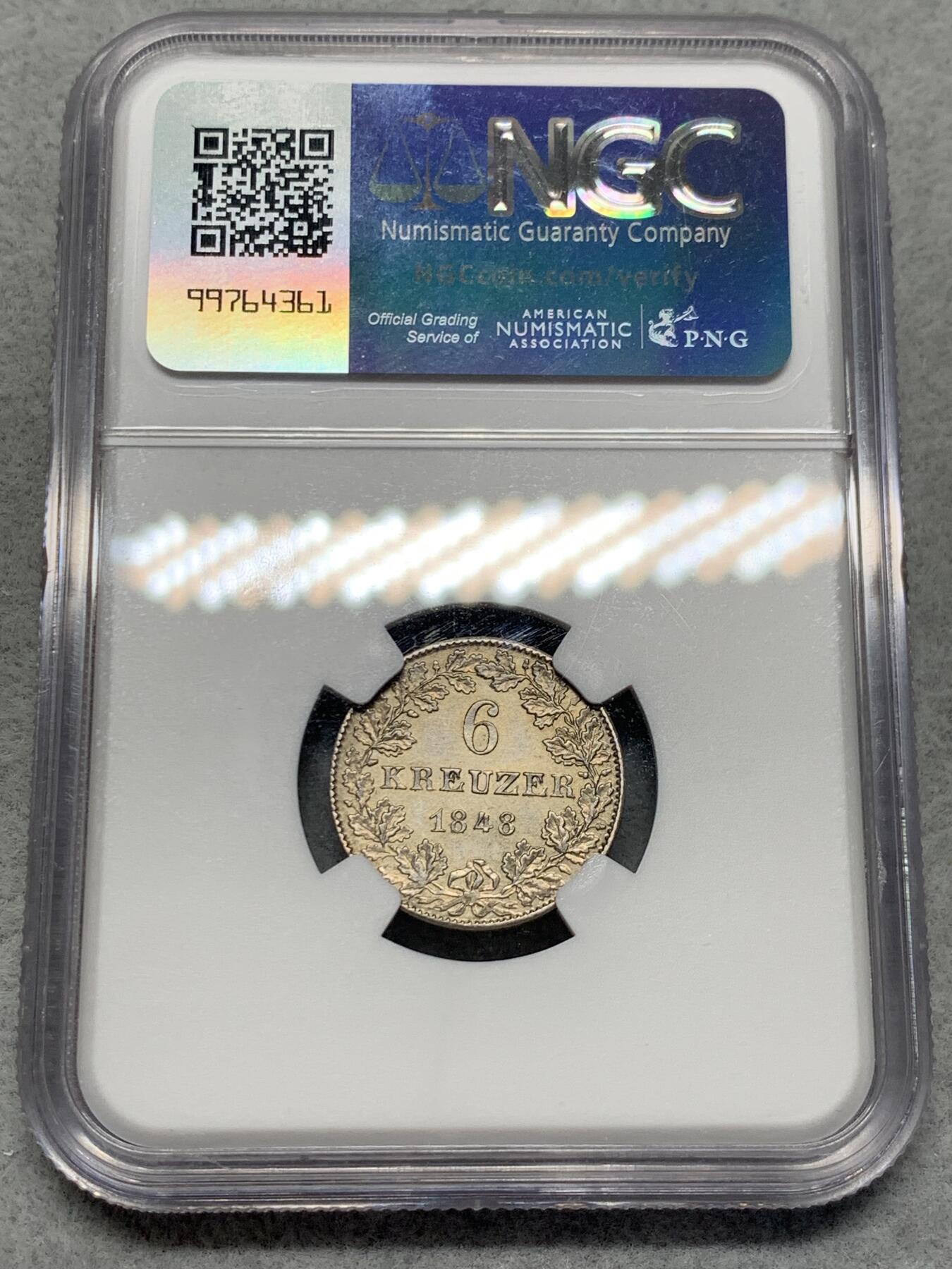 《竞宝斋》第318场 周日，周一 2场连拍 （全场包邮） NGC MS62 德国1848法兰克福6克洛泽银币 羽翼清晰