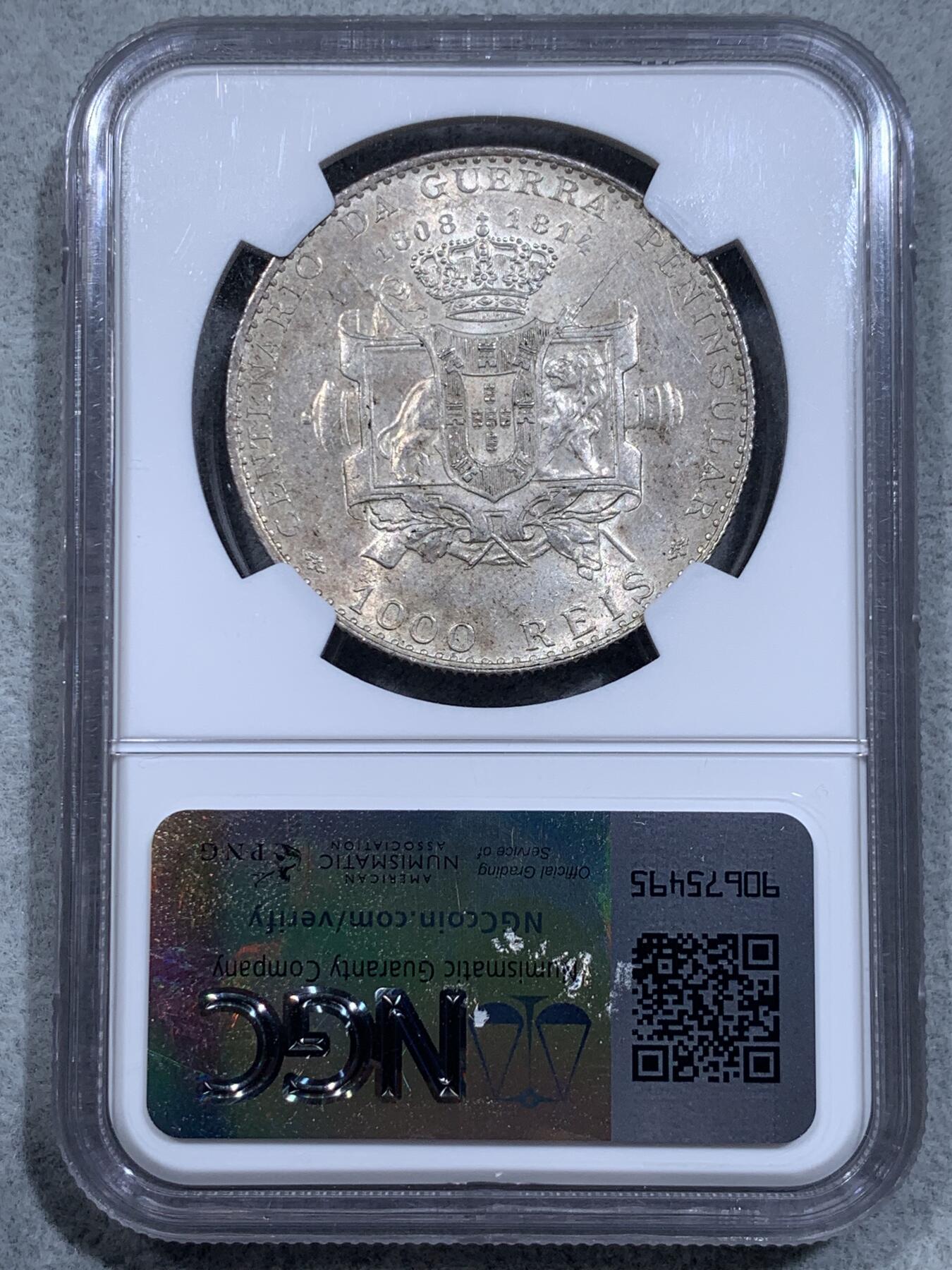 《竞宝斋》第318场 周日，周一 2场连拍 （全场包邮） NGC MS61 葡萄牙王国1910年半岛战争1000reis大银币。葡萄牙王国最后的大银，关门币，之后就是共和国时期了。低评，62状态。金色包浆