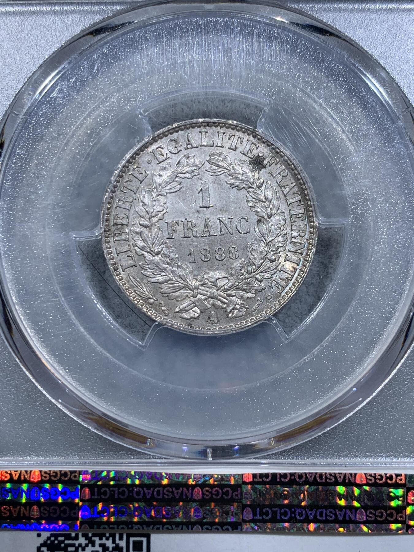《竞宝斋》第318场 周日，周一 2场连拍 （全场包邮） PCGS MS64 1888年法国谷物女神1法郎银币 高分稀少 发财年份