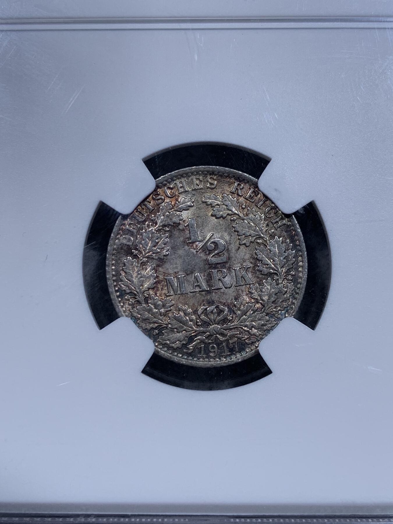 《竞宝斋》第318场 周日，周一 2场连拍 （全场包邮） NGC MS65 德国 1917年 长翅鹰 1/2马克 半马克 银币 黄油彩
