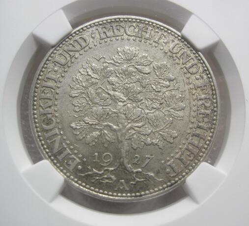NGC-MS63德国-魏玛1927年橡树5马克大银币