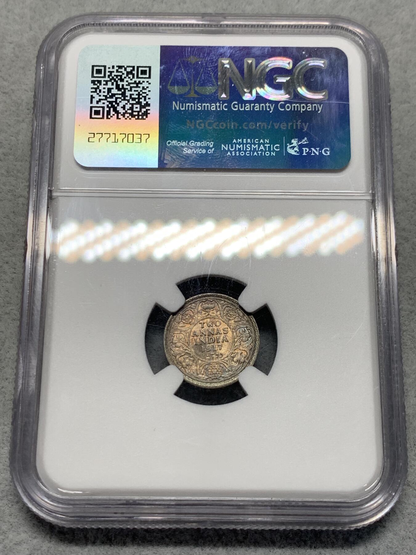 《竞宝斋》第318场 周日，周一 2场连拍 （全场包邮） NGC MS63 英属印度 1917年 乔治五世 2安娜 银币 背面五彩 正面淡五彩 包浆