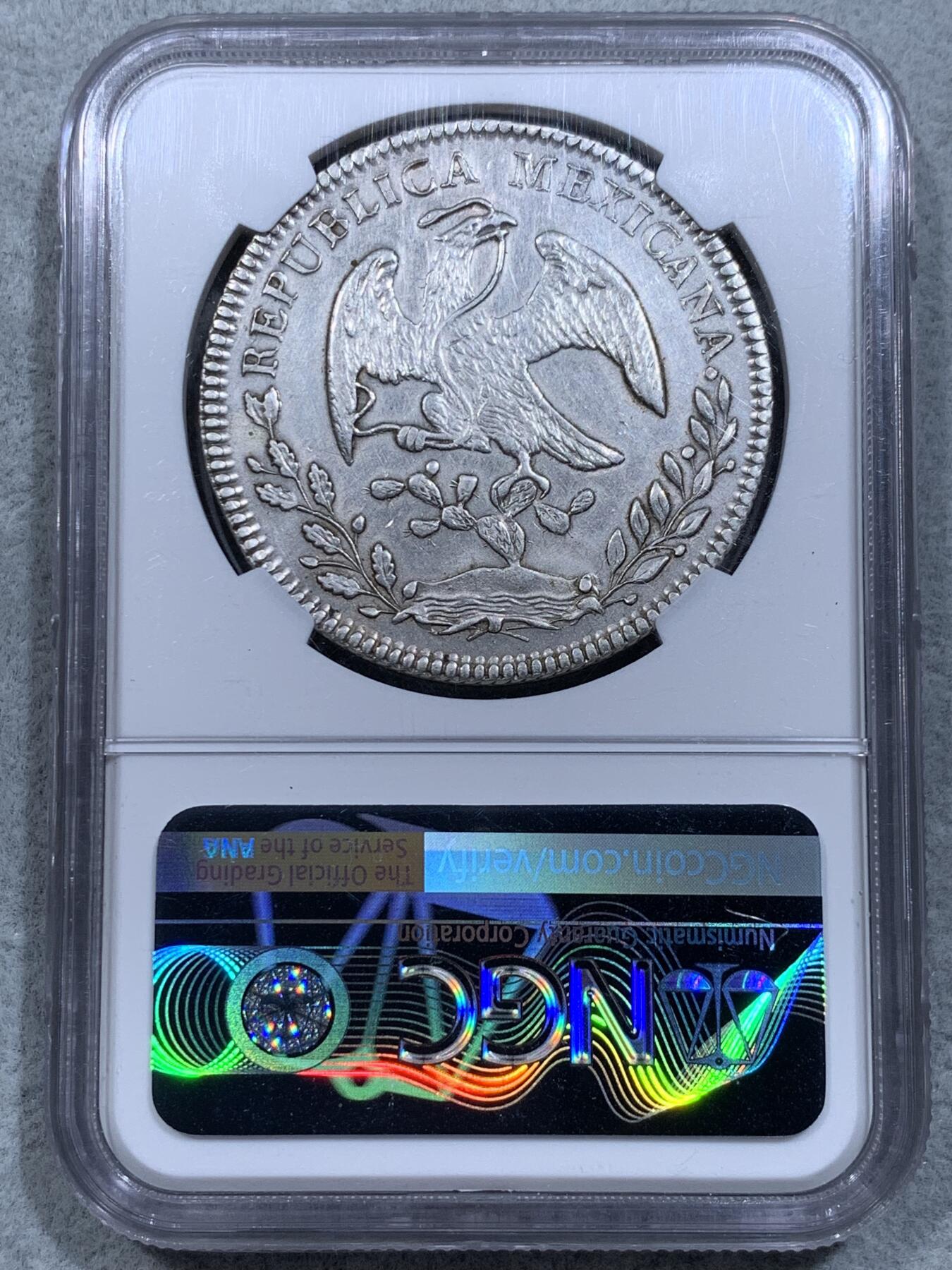 《竞宝斋》第318场 周日，周一 2场连拍 （全场包邮） NGC UNC 墨西哥 1856年 8瑞尔 鹰洋 银币 GO厂 少见骑字版