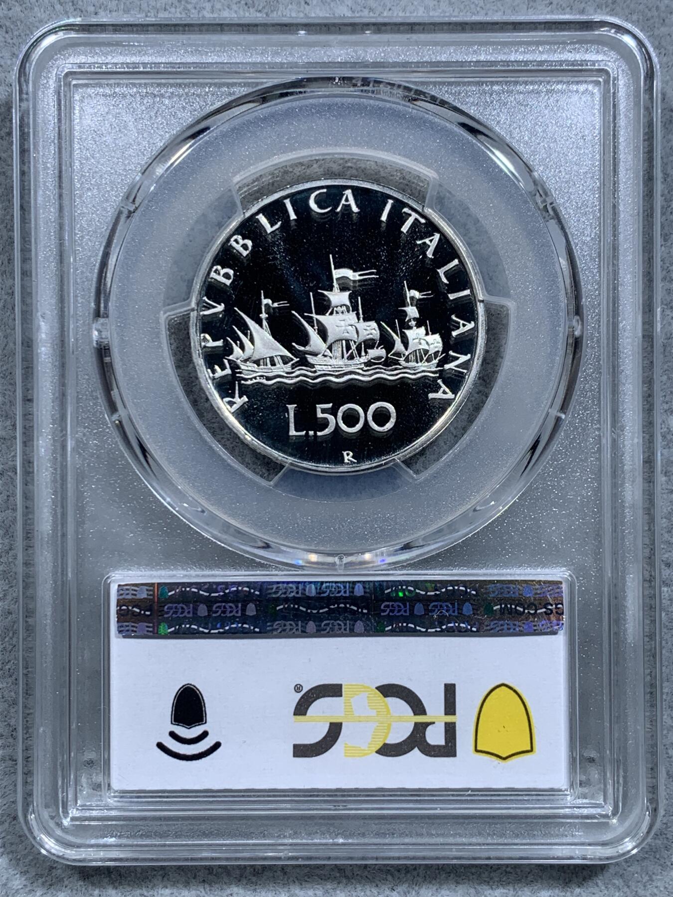 《竞宝斋》第318场 周日，周一 2场连拍 （全场包邮） PCGS PR68DCAM 意大利1990年美女帆船500里拉精制银币，好品无洗