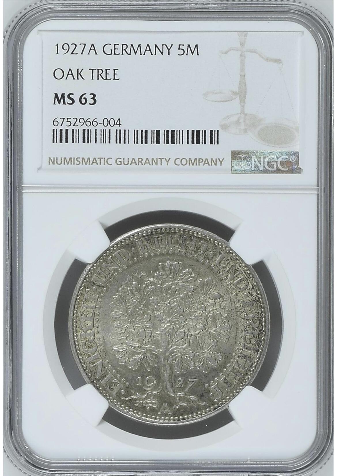 NGC-MS63德国-魏玛1927年橡树5马克大银币
