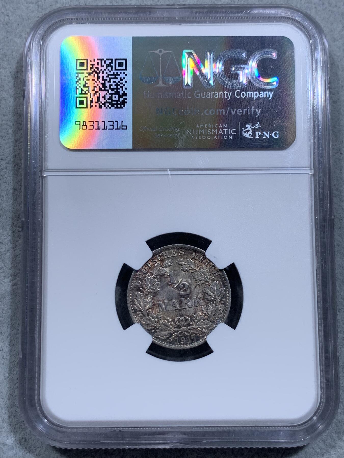 《竞宝斋》第318场 周日，周一 2场连拍 （全场包邮） NGC MS65 德国 1917年 长翅鹰 1/2马克 半马克 银币 黄油彩