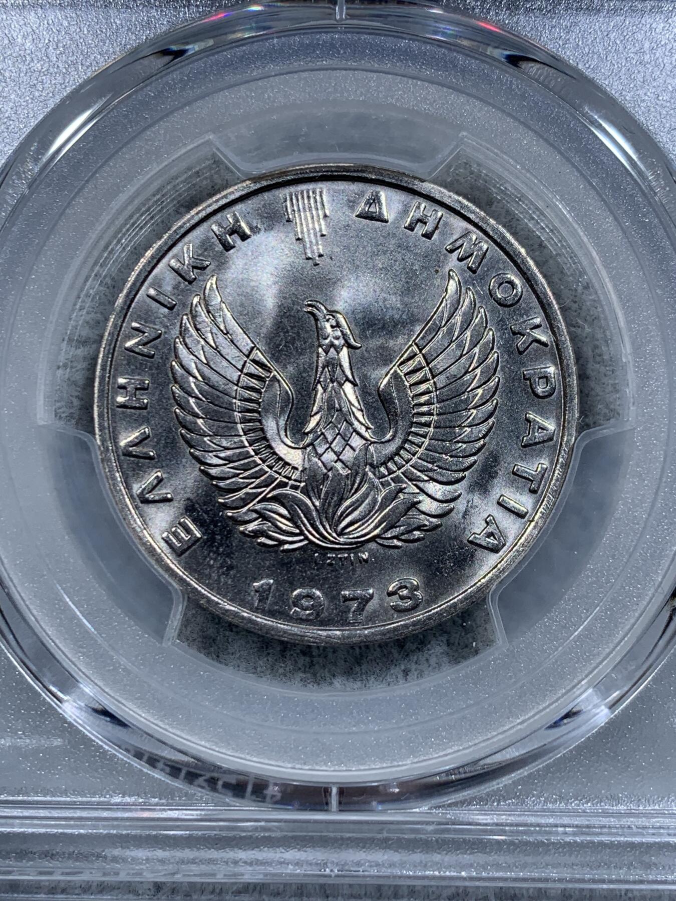 《竞宝斋》第318场 周日，周一 2场连拍 （全场包邮） PCGS MS66 希腊1973年戎装雅典娜20德拉克马 独年份火凤凰版,设计经典漂亮！喜欢的不要错过了！高分少见！