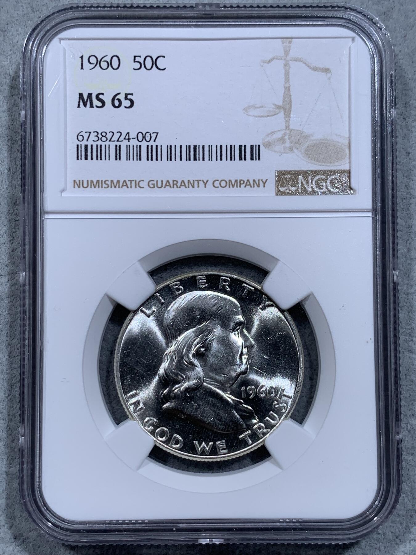 《竞宝斋》第318场 周日，周一 2场连拍 （全场包邮） NGC MS65 美国1960年富兰克林50美分银币