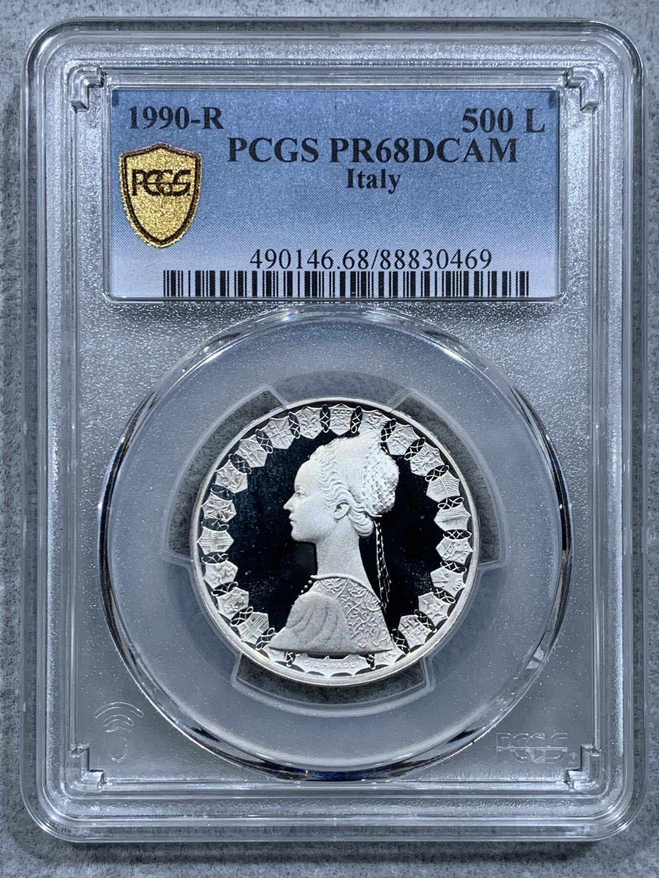 《竞宝斋》第318场 周日，周一 2场连拍 （全场包邮） PCGS PR68DCAM 意大利1990年美女帆船500里拉精制银币，好品无洗