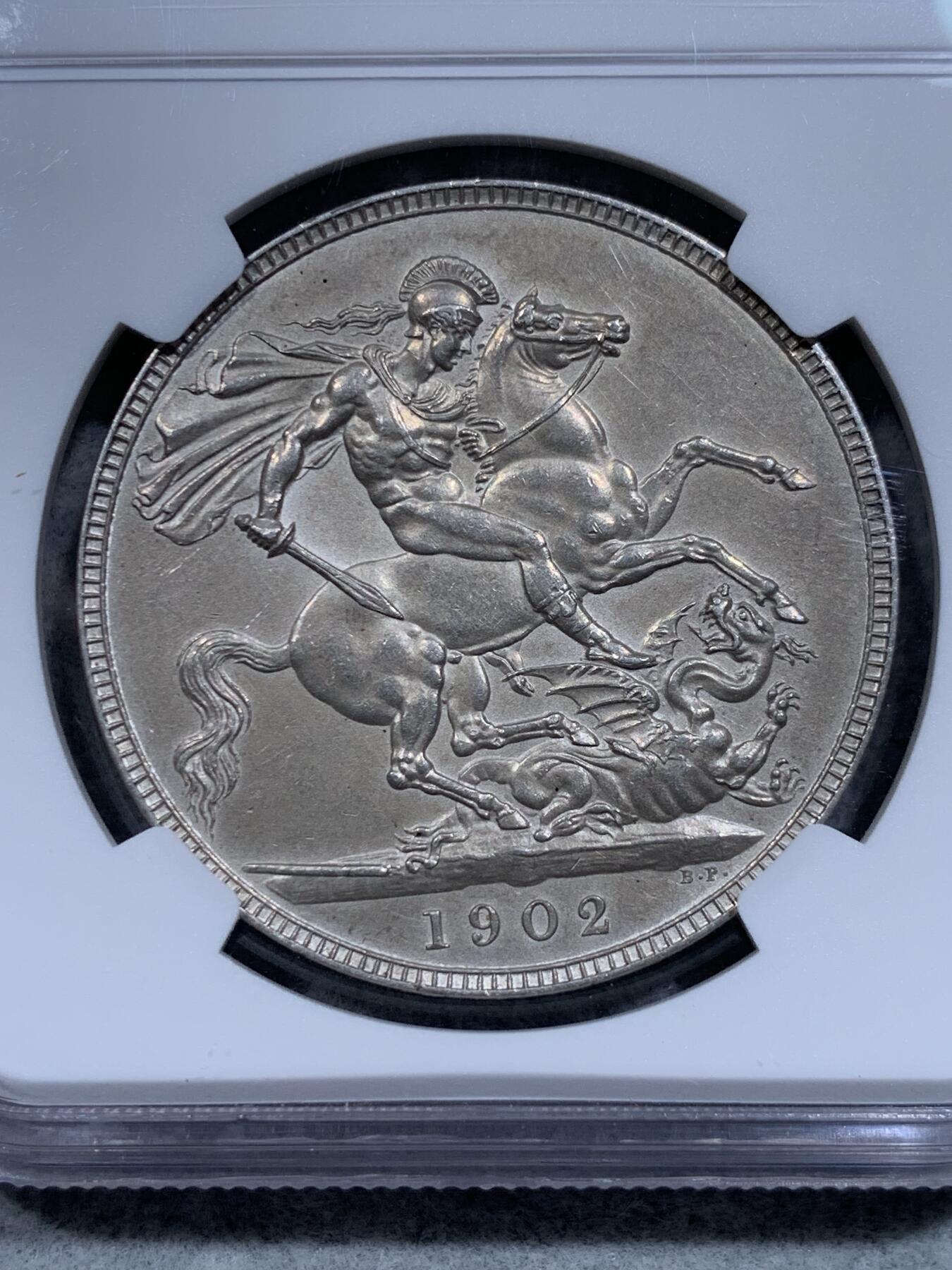 《竞宝斋》第318场 周日，周一 2场连拍 （全场包邮） NGC PF62MATTE 英国1902年爱德华七世精制一克朗马剑银币 经典的matte工艺 百年英伦包浆