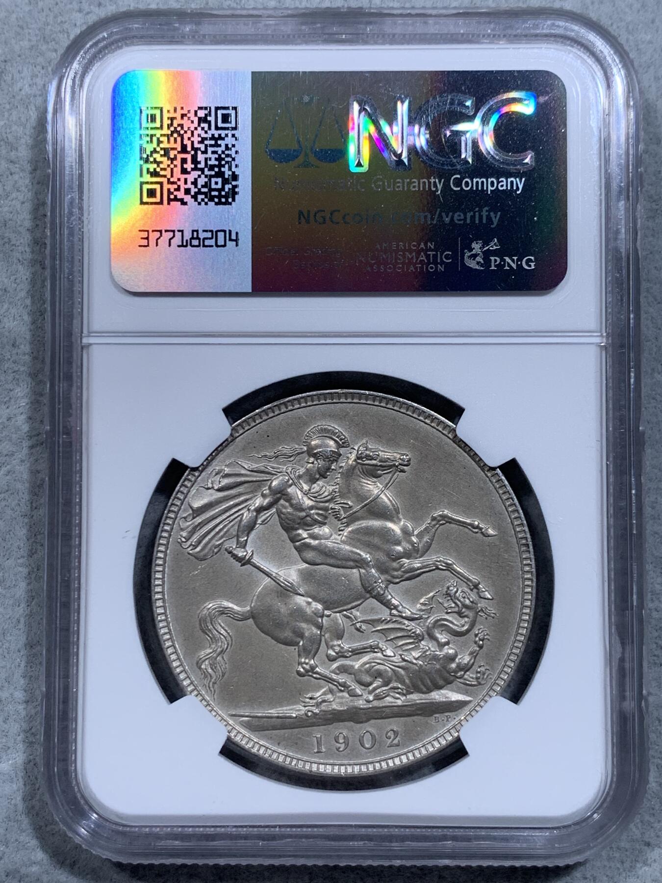 《竞宝斋》第318场 周日，周一 2场连拍 （全场包邮） NGC PF62MATTE 英国1902年爱德华七世精制一克朗马剑银币 经典的matte工艺 百年英伦包浆