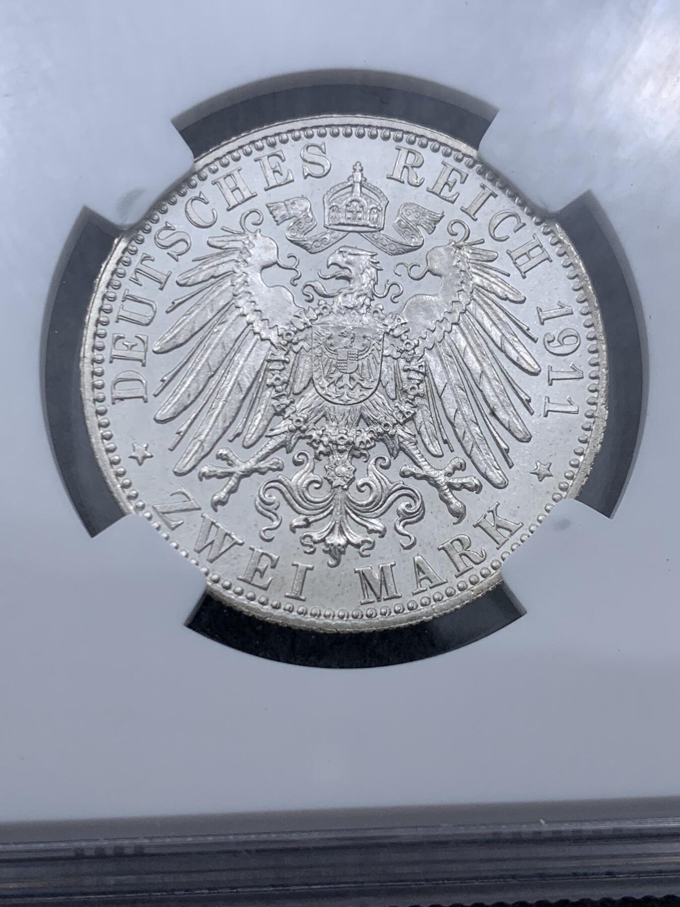 《竞宝斋》第318场 周日，周一 2场连拍 （全场包邮） NGC PF 德国1911年巴伐利亚2马克精制币 极美镜面感 能出分的状态 错杀 精制非常少
