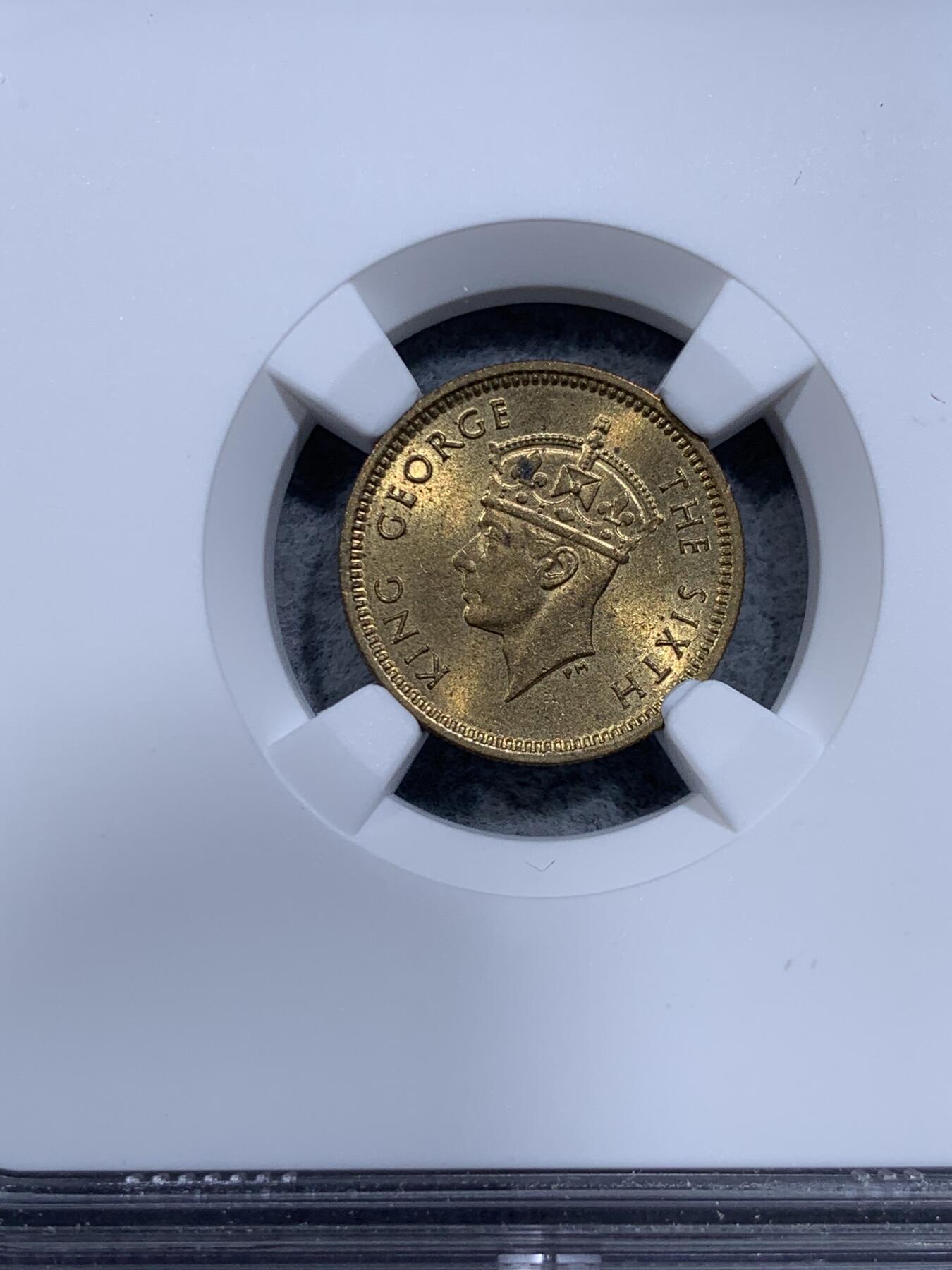 《竞宝斋》第318场 周日，周一 2场连拍 （全场包邮） NGC MS63 香港1949年乔治六世头像五仙铜币
