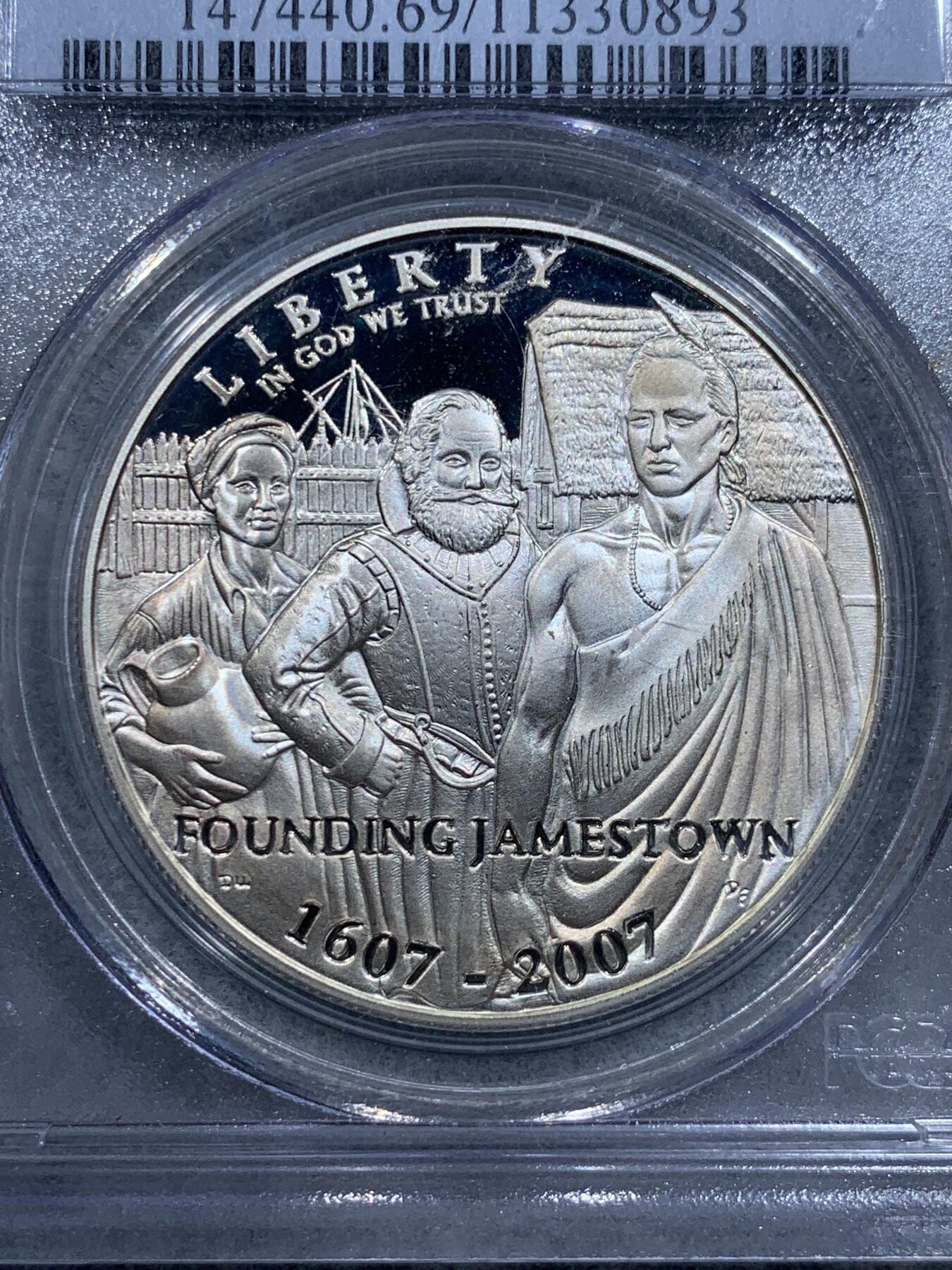《竞宝斋》第318场 周日，周一 2场连拍 （全场包邮） PCGS PR69DCAM 美国2007年P版詹姆士敦1美元大银币