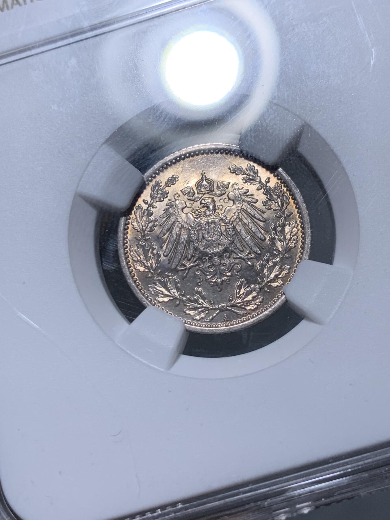 《竞宝斋》第318场 周日，周一 2场连拍 （全场包邮） NGC MS65 德国 1917年 长翅鹰 1/2马克 半马克 银币 黄油彩