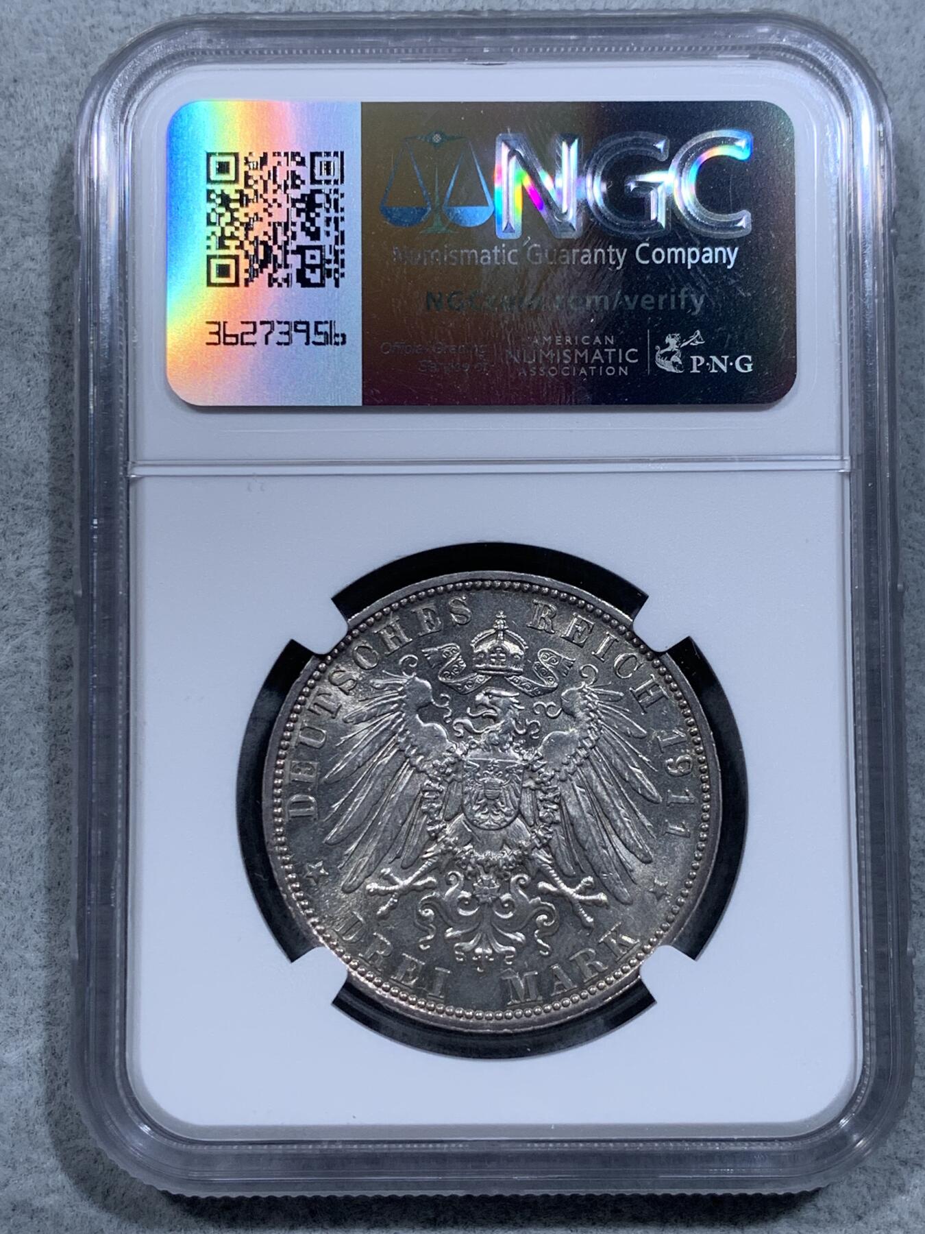 《竞宝斋》第318场 周日，周一 2场连拍 （全场包邮） NGC MS63 德国1911年巴伐利亚利奥波德3马克银币