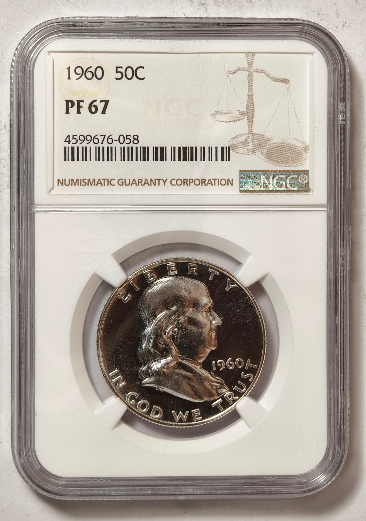 紫瑗钱币——第434期 美国 1960年 富兰克林 50美分 半美元 12.5克 0.9银 NGC PF67