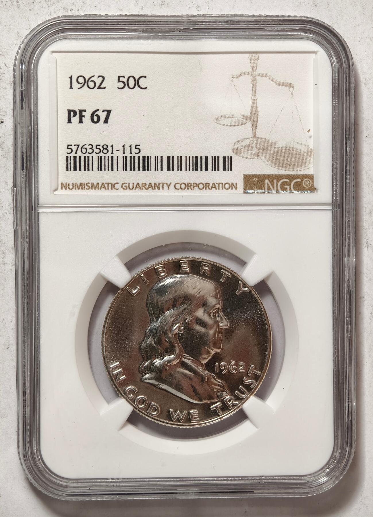 紫瑗钱币——第476期 美国 1962年 富兰克林 50美分 半美元 12.5克 0.9银 NGC PF67
