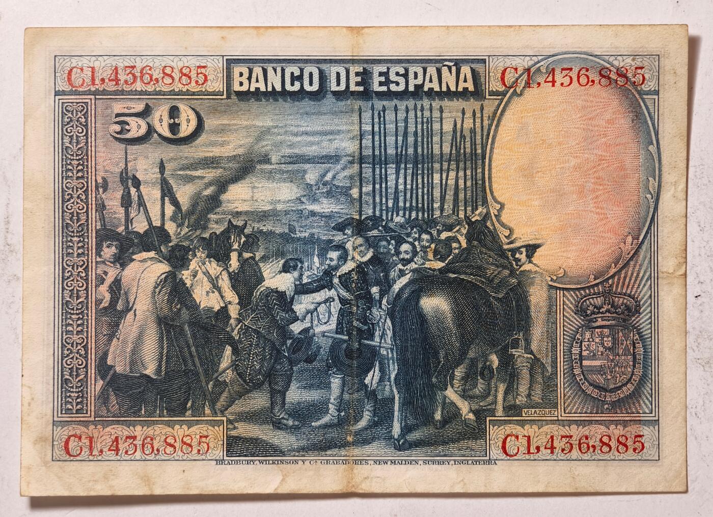 紫瑗钱币——第507期——纸币场 西班牙 1928年 油画《布雷达的献城》50比塞塔 AU- 有折 (P-75b)