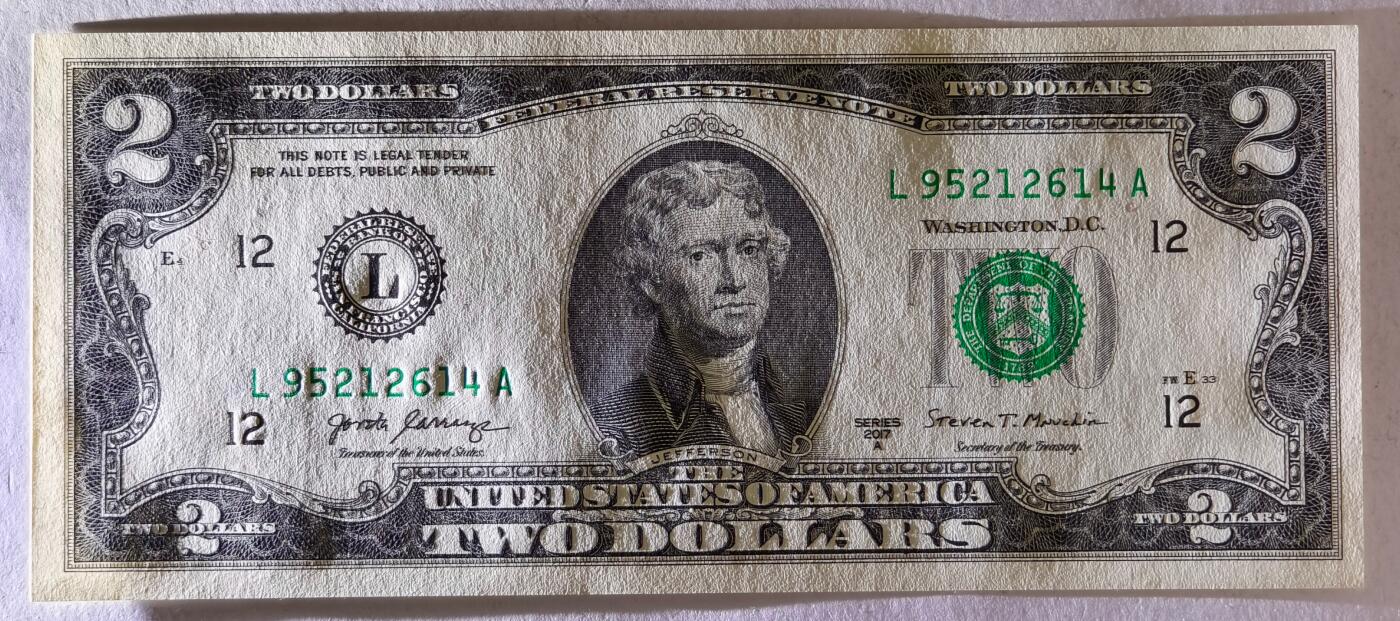 紫瑗钱币——第463期——纸币场 美国 2017年 L版 A序列 托马斯.杰斐逊 2美元 UNC 刀拆货