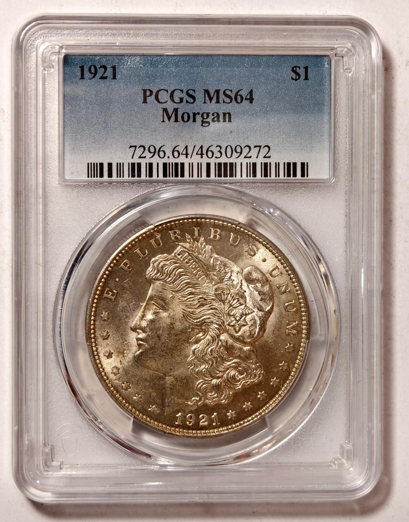 紫瑗钱币——第434期 美国 1921年 摩根 大头妹1美元 银币 PCGS MS64