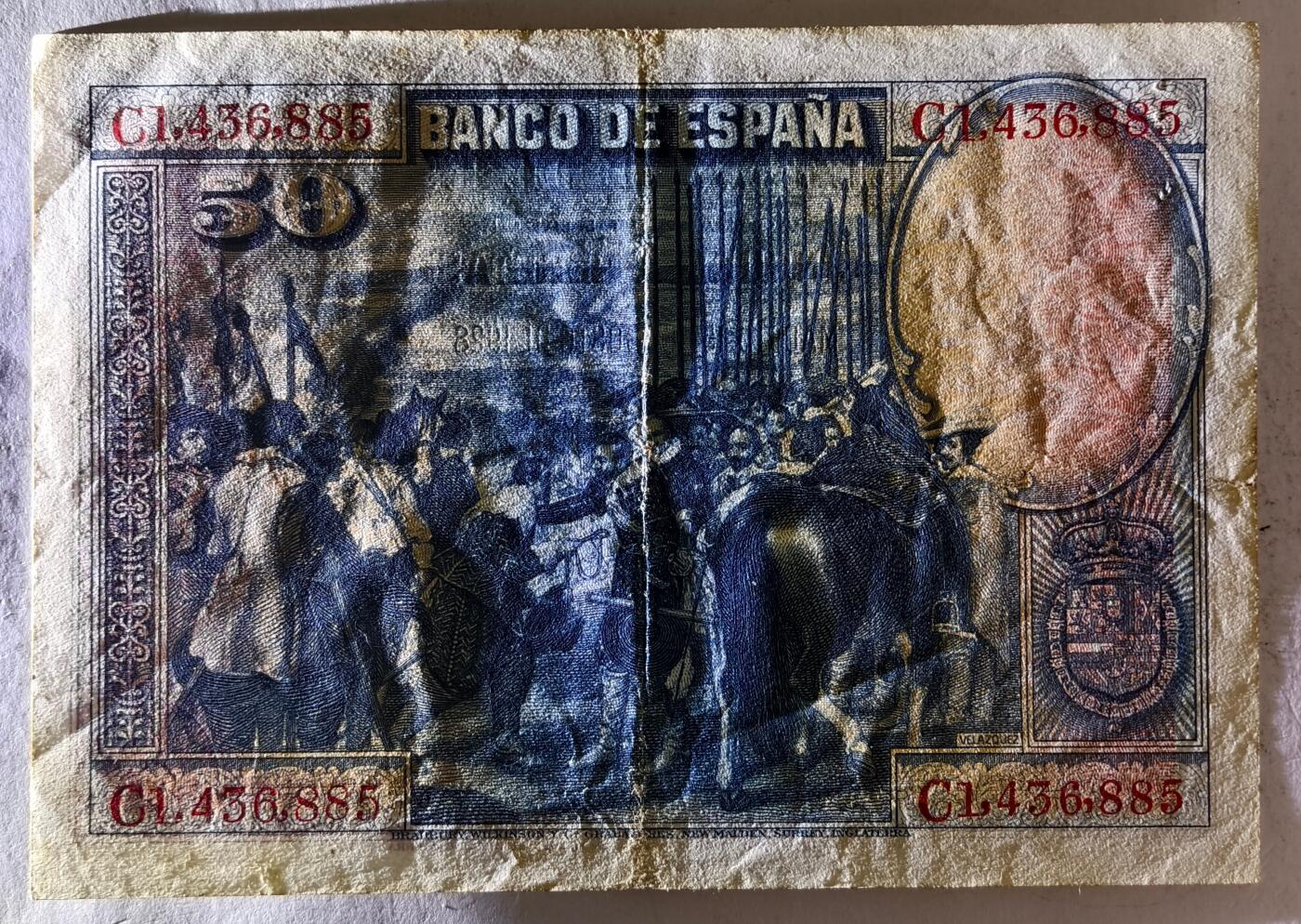 紫瑗钱币——第507期——纸币场 西班牙 1928年 油画《布雷达的献城》50比塞塔 AU- 有折 (P-75b)