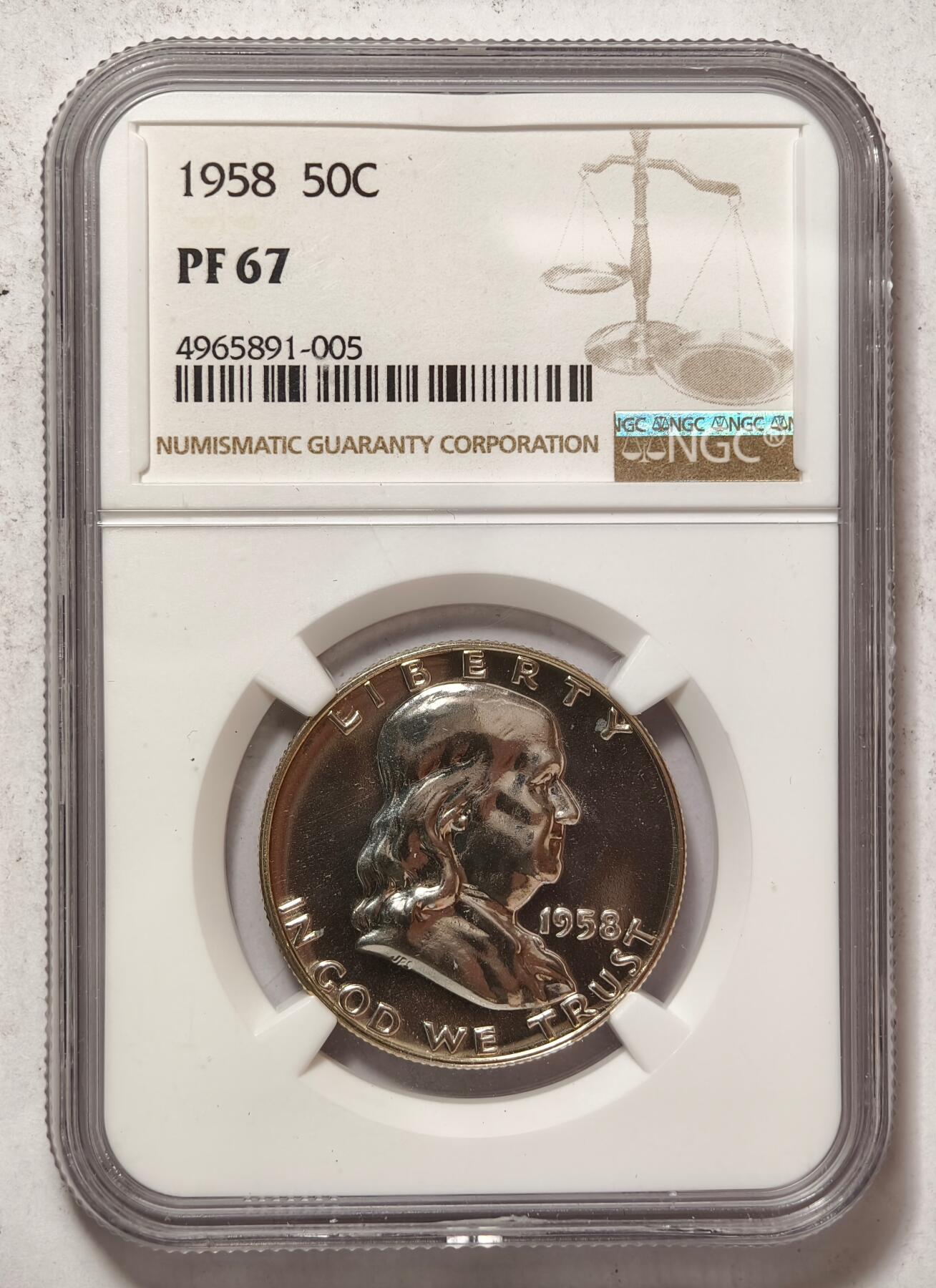 紫瑗钱币——第436期 美国 1958年 富兰克林 50美分 半美元 12.5克 0.9银 NGC PF67