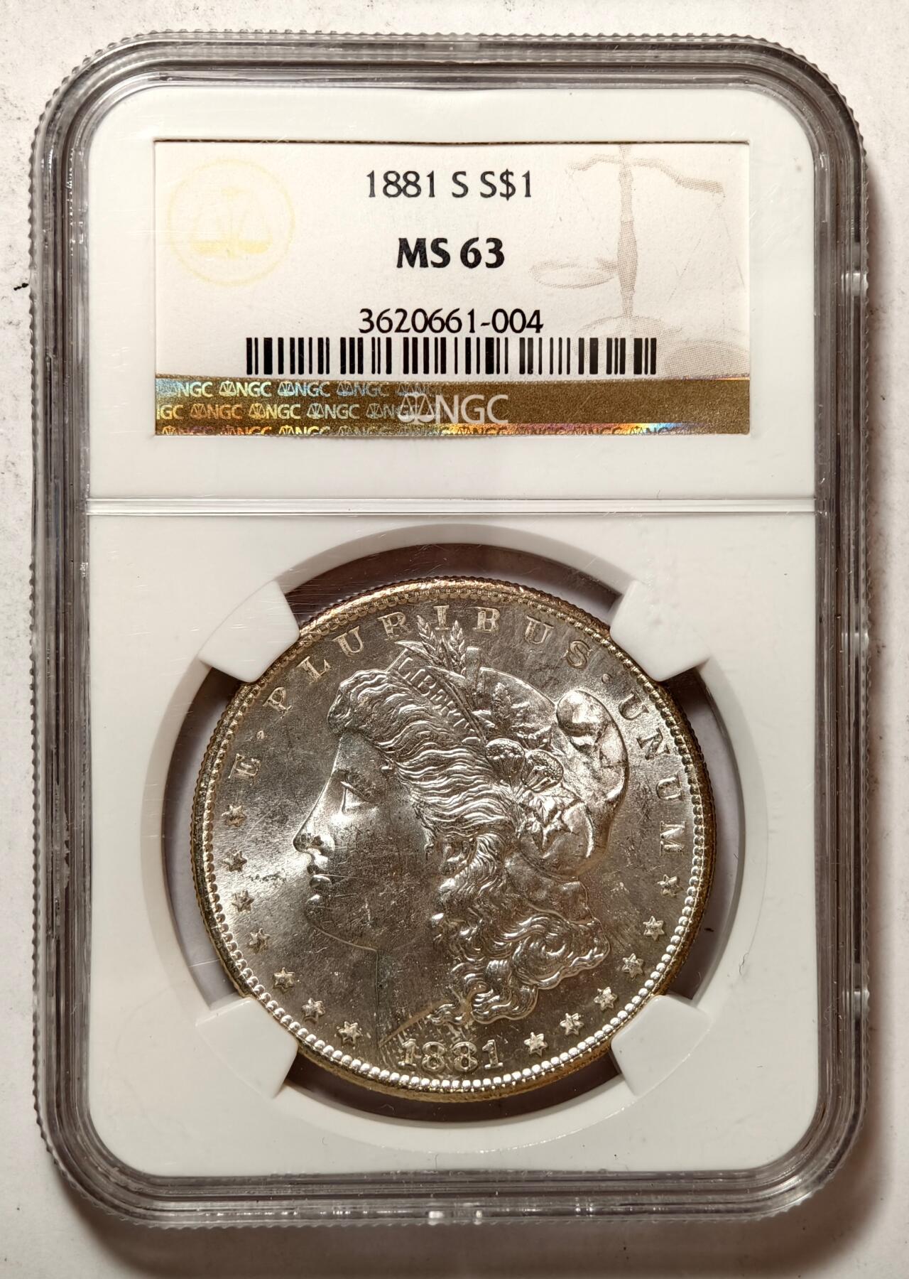紫瑗钱币——第436期 美国 1881年 S版 摩根 1美元 银币 NGC MS63 老盒