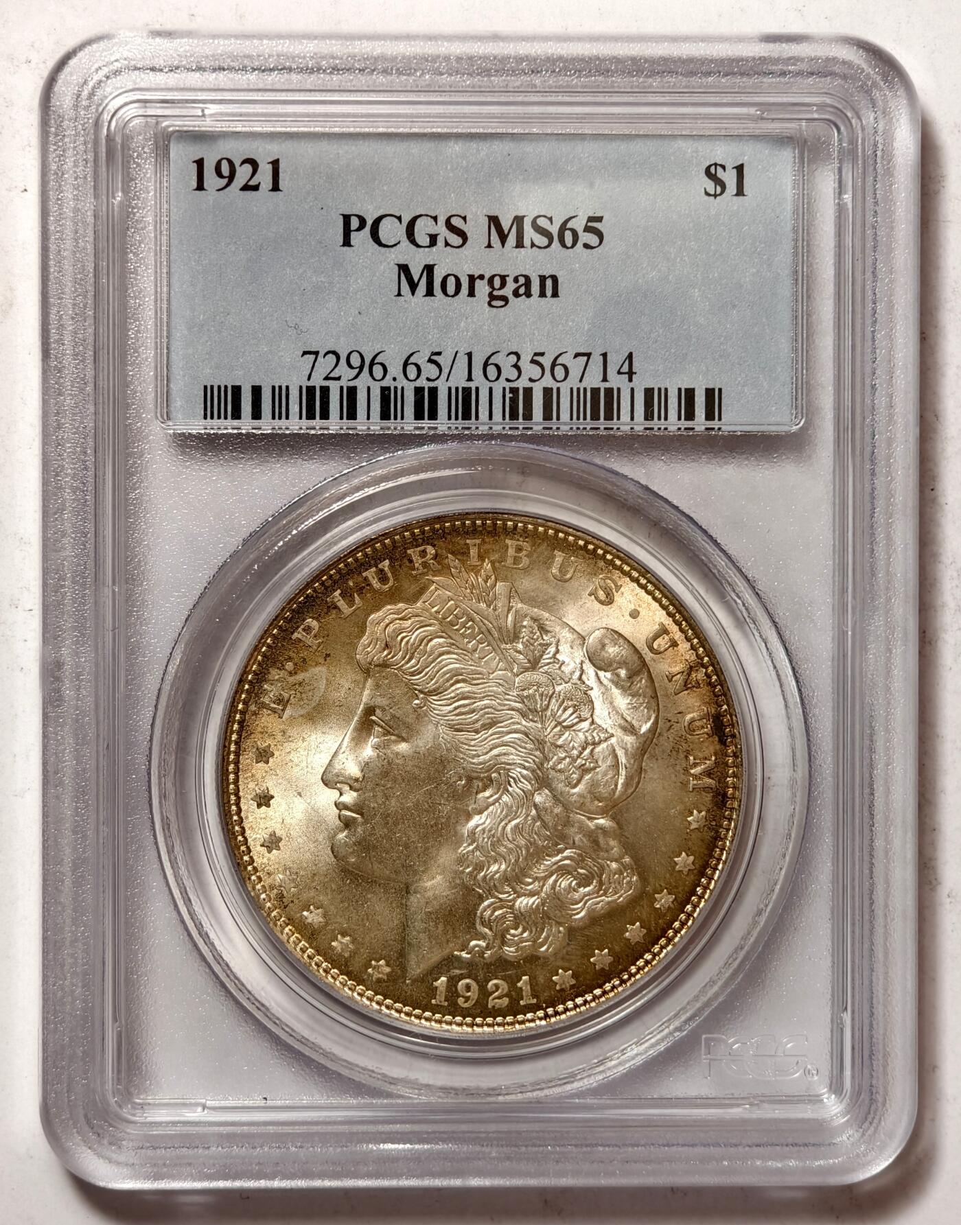 紫瑗钱币——第458期 美国 1921年 摩根 1美元 银币 PCGS MS65 老盒