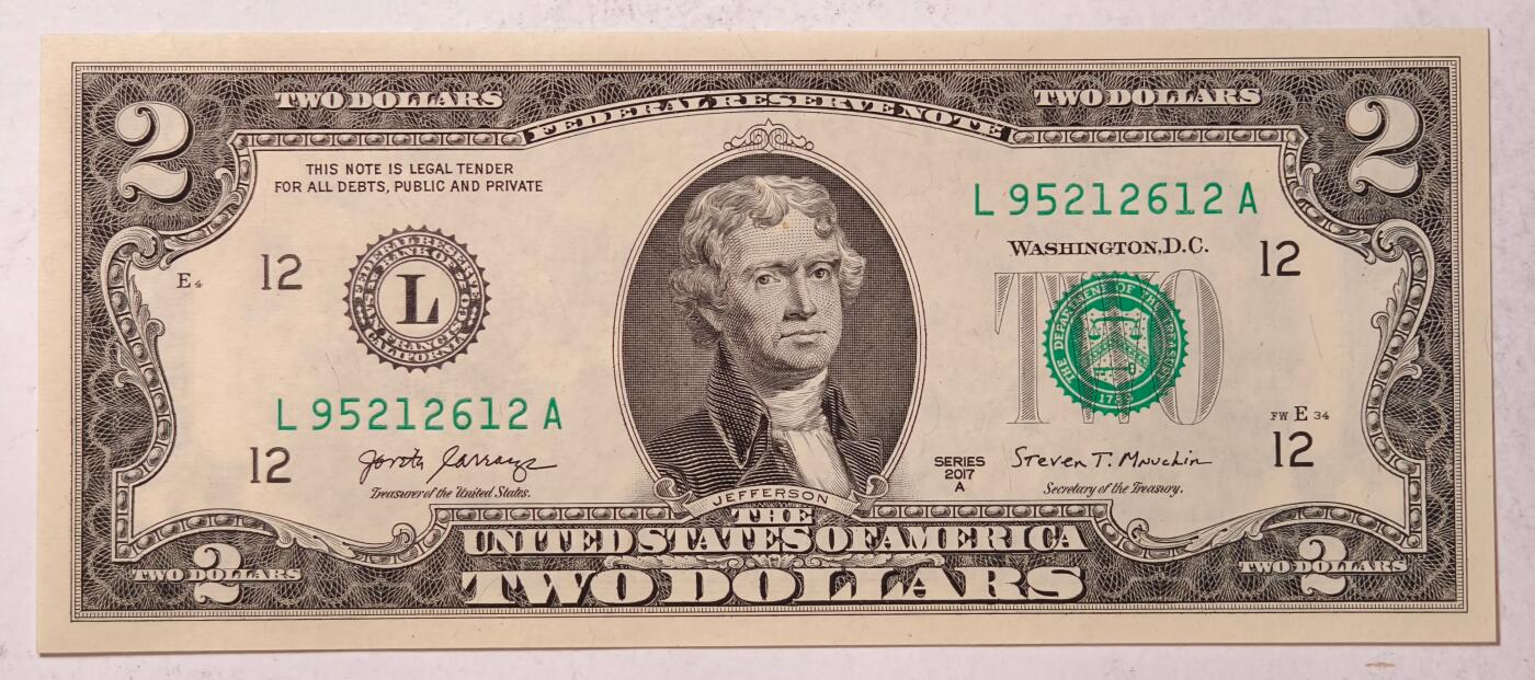 紫瑗钱币——第463期——纸币场 美国 2017年 L版 A序列 托马斯.杰斐逊 2美元 UNC 刀拆货