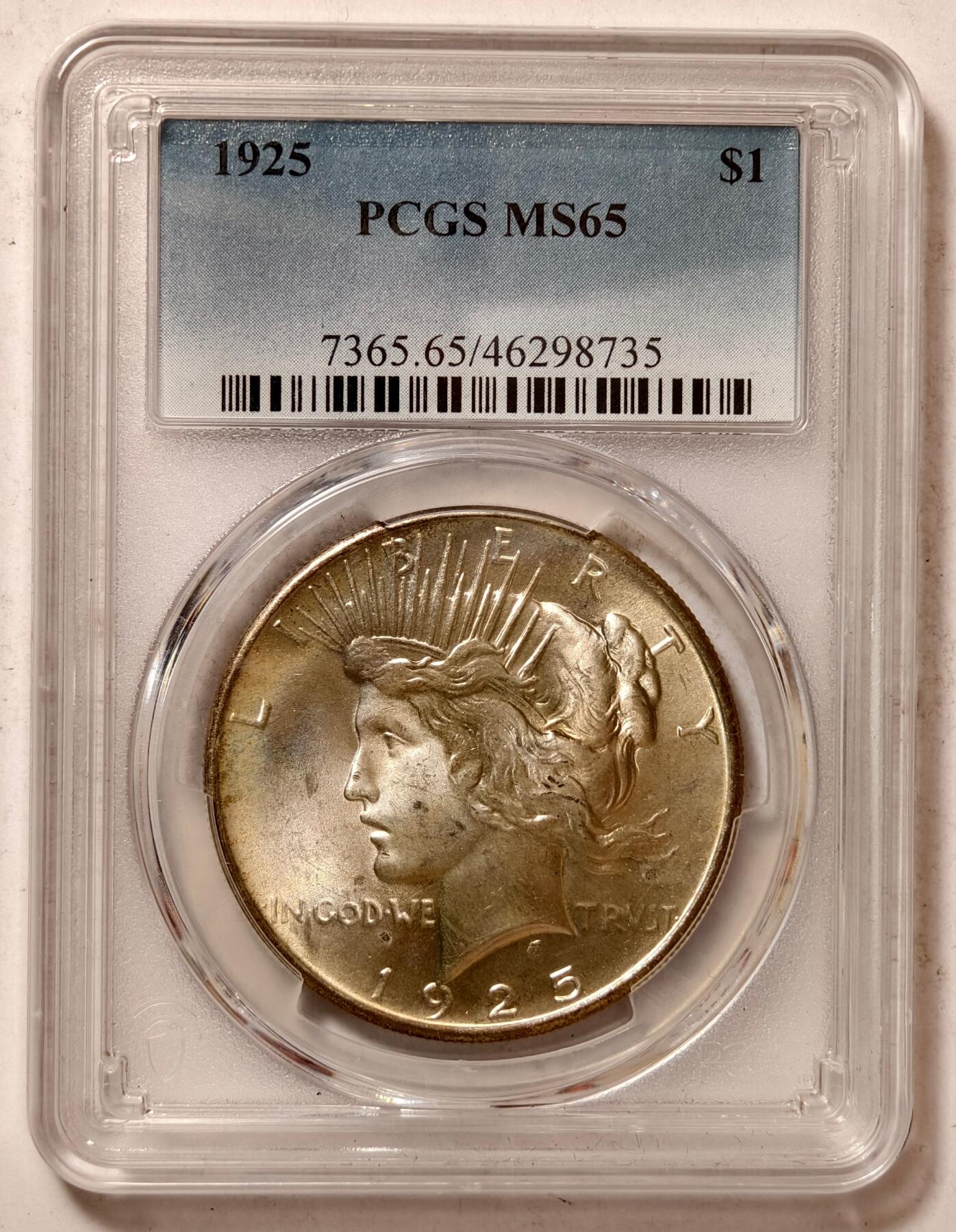 紫瑗钱币——第436期 美国 1925年 和平鸽 1元 银币 PCGS MS65 老盒严评 65难度比摩根高