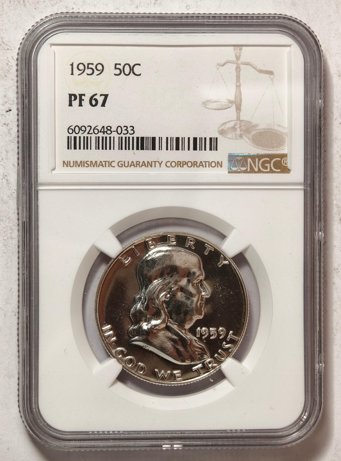 紫瑗钱币——第436期 美国 1959年 富兰克林 50美分 半美元 12.5克 0.9银 NGC PF67