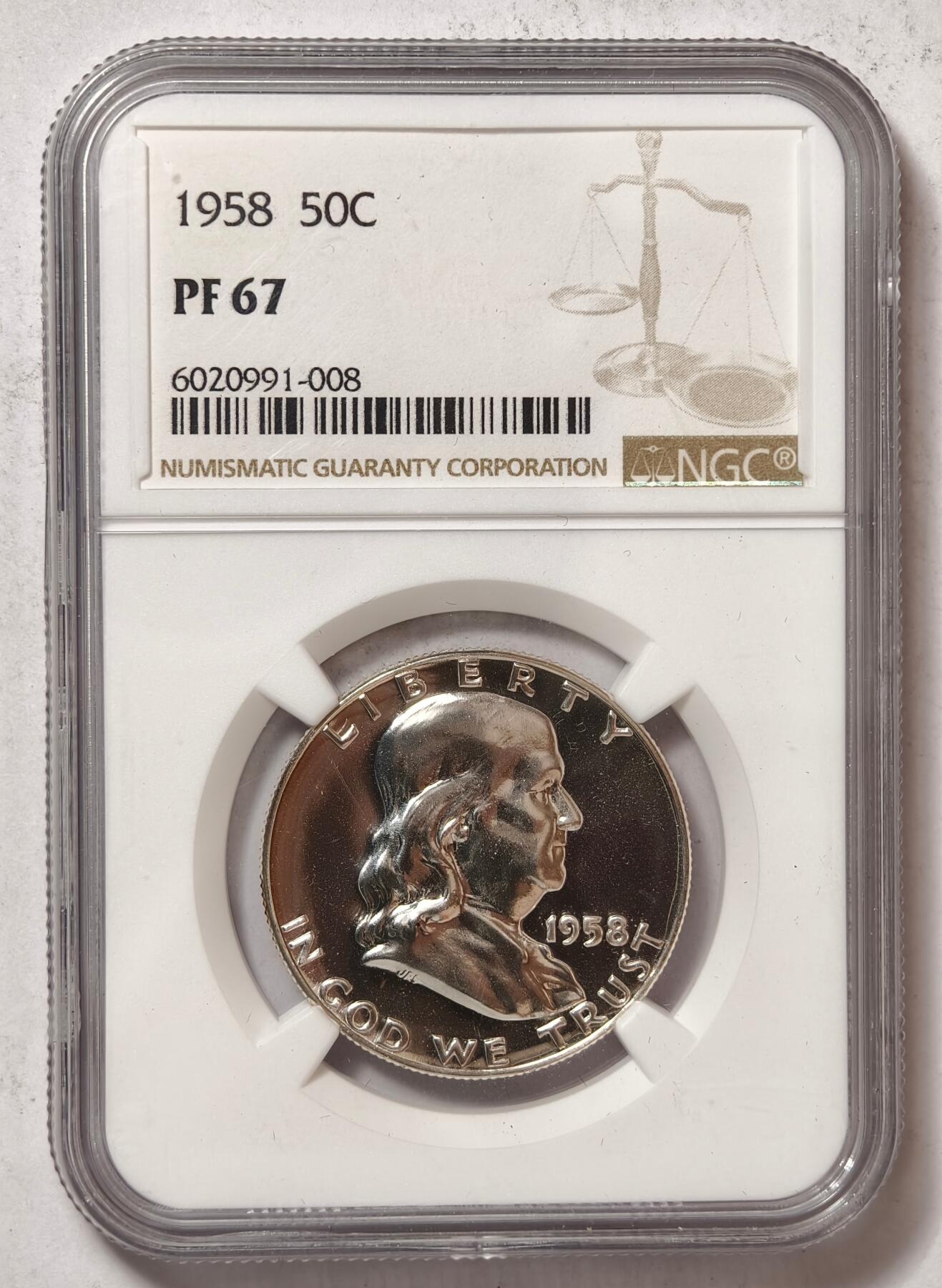紫瑗钱币——第434期 美国 1958年 富兰克林 50美分 半美元 12.5克 0.9银 NGC PF67