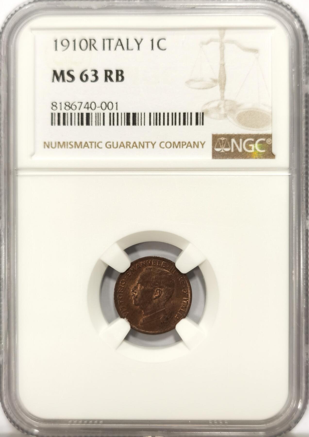 博洋堂世界钱币拍卖第096期（全场包邮） NGC MS63RB 意大利1910年1分铜币