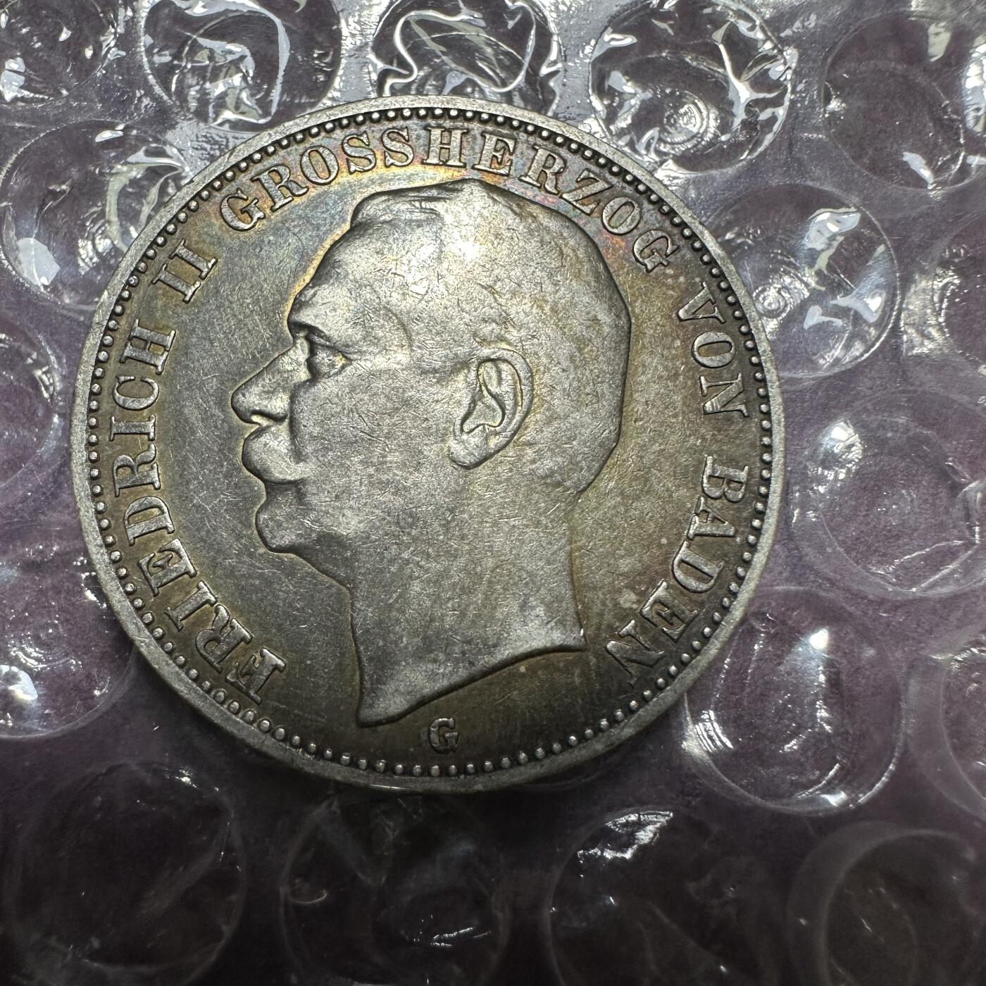 极美外国章+外币裸币 五彩！德国巴登，弗雷德里希二世3马克，1910年