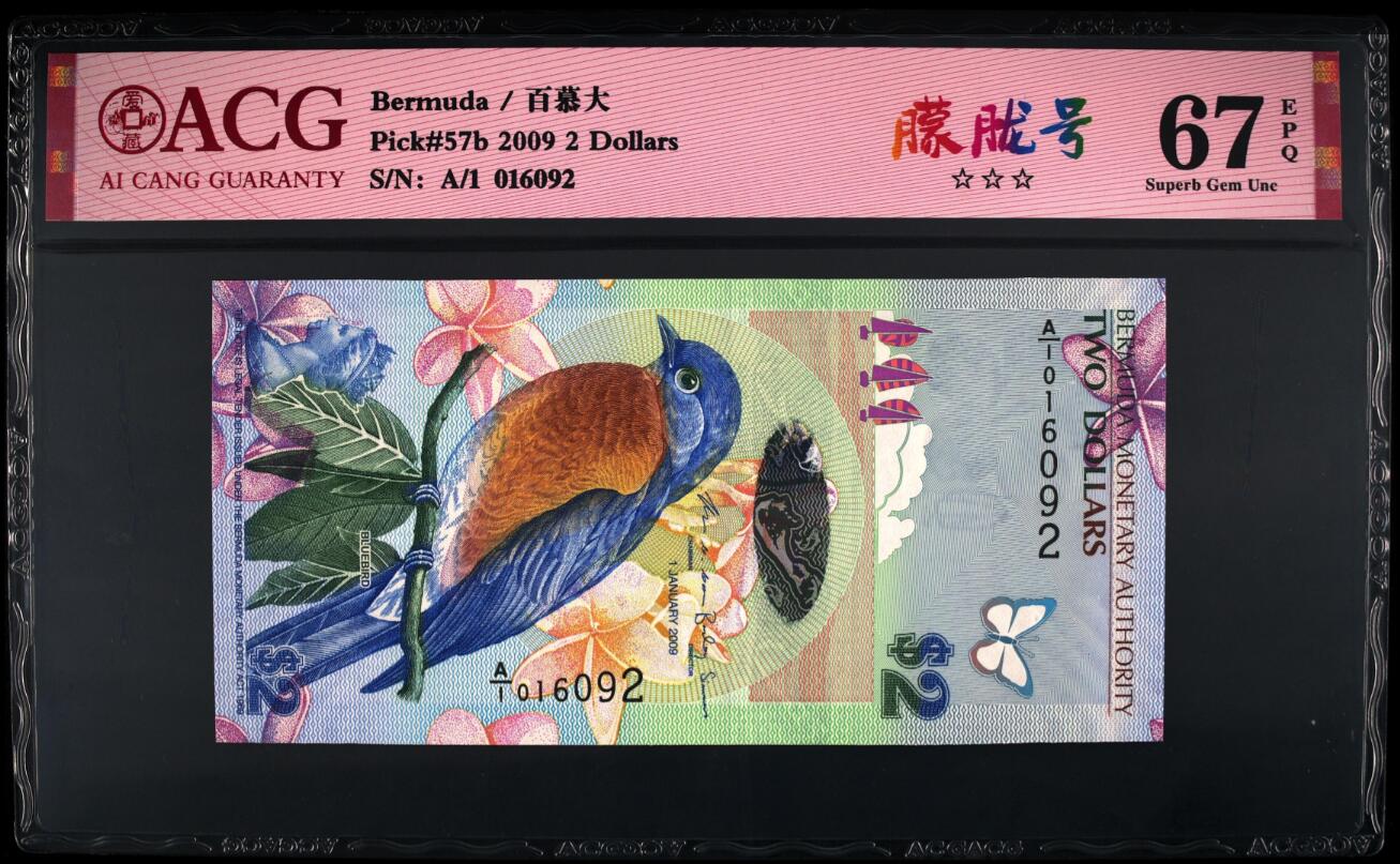 《张总收藏》171期-周日外币精选畅拍 百慕大2009年A1冠2元爱藏评级67分无47 IBNS获奖钞 蓝鸟