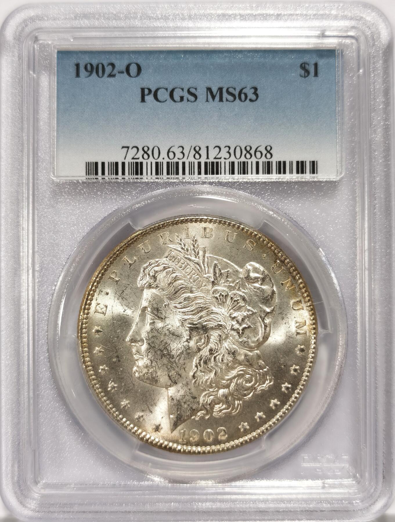 博洋堂世界钱币拍卖第096期（全场包邮） 1902年美国摩根银币O版PCGS-MS63，原汁原味老包浆，包浆醇厚，币面清爽干净又漂亮，状态极佳。市场上比较稀少一点的年份，略为低评，PC老盒严评无官网图。
