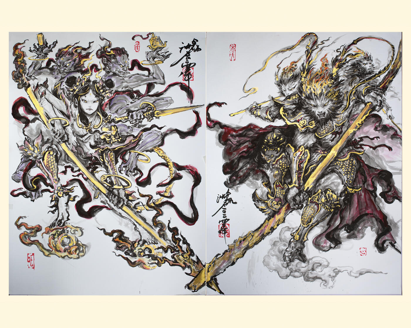 白泽拍卖卡牌手绘专场第8期（露深花气冷，霜降蟹膏肥） 2024 沈鑫手绘画2幅 哪吒三太子，齐天大圣 尺寸：单幅90cm*120cm