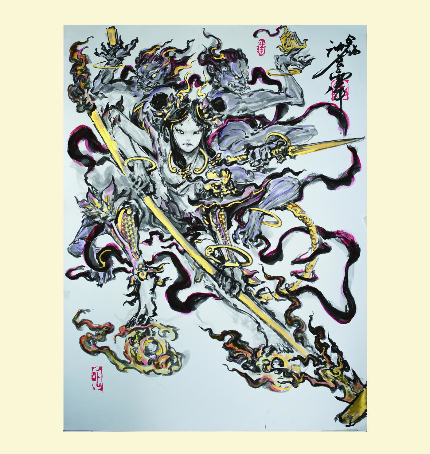 白泽拍卖卡牌手绘专场第8期（露深花气冷，霜降蟹膏肥） 2024 沈鑫手绘画2幅 哪吒三太子，齐天大圣 尺寸：单幅90cm*120cm