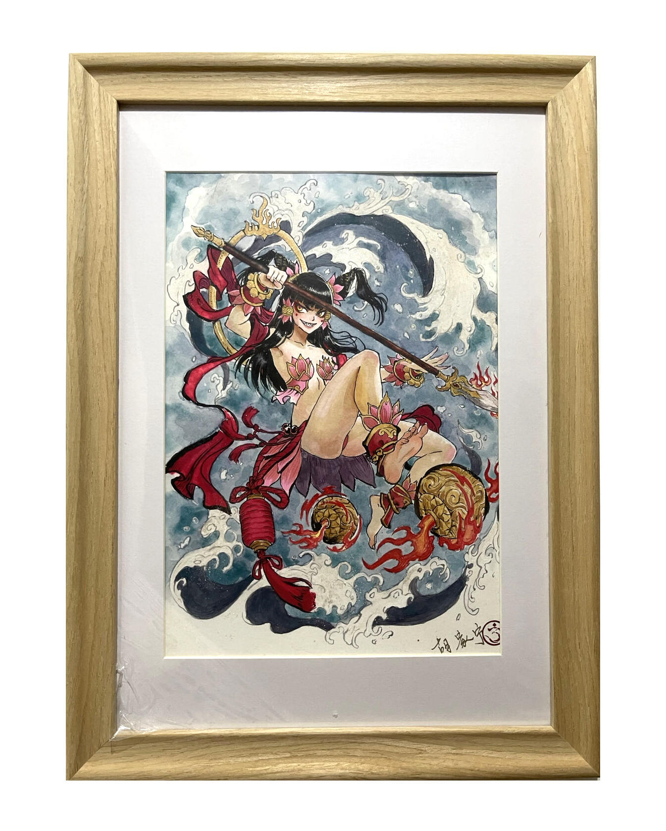 白泽拍卖卡牌手绘专场第8期（露深花气冷，霜降蟹膏肥） 2024 胡家宁手绘画 哪吒闹海 已装裱 画芯21cm*29cm